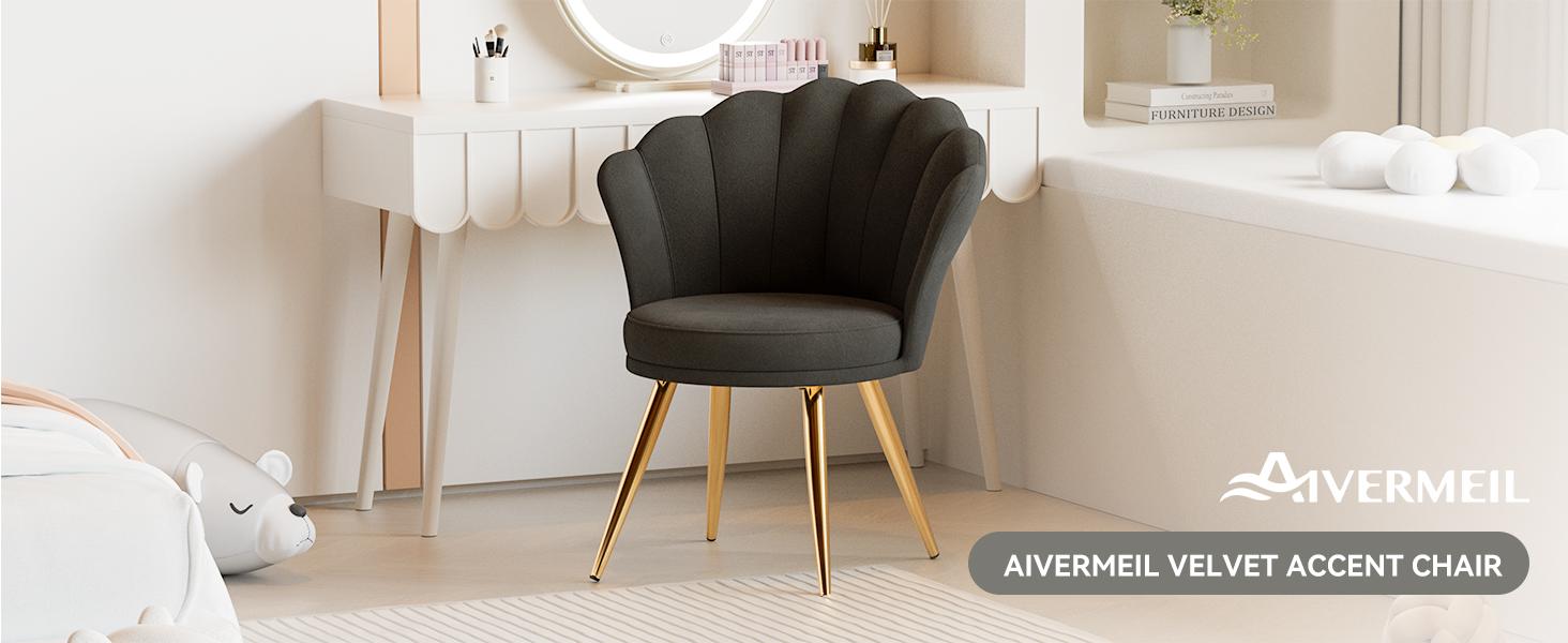 Velvet Accent Chair with Gold Metal Legs, Vanity Chair for Makeup Room, Upholstered Guest Chair for Living Room, for Bedroom, Black