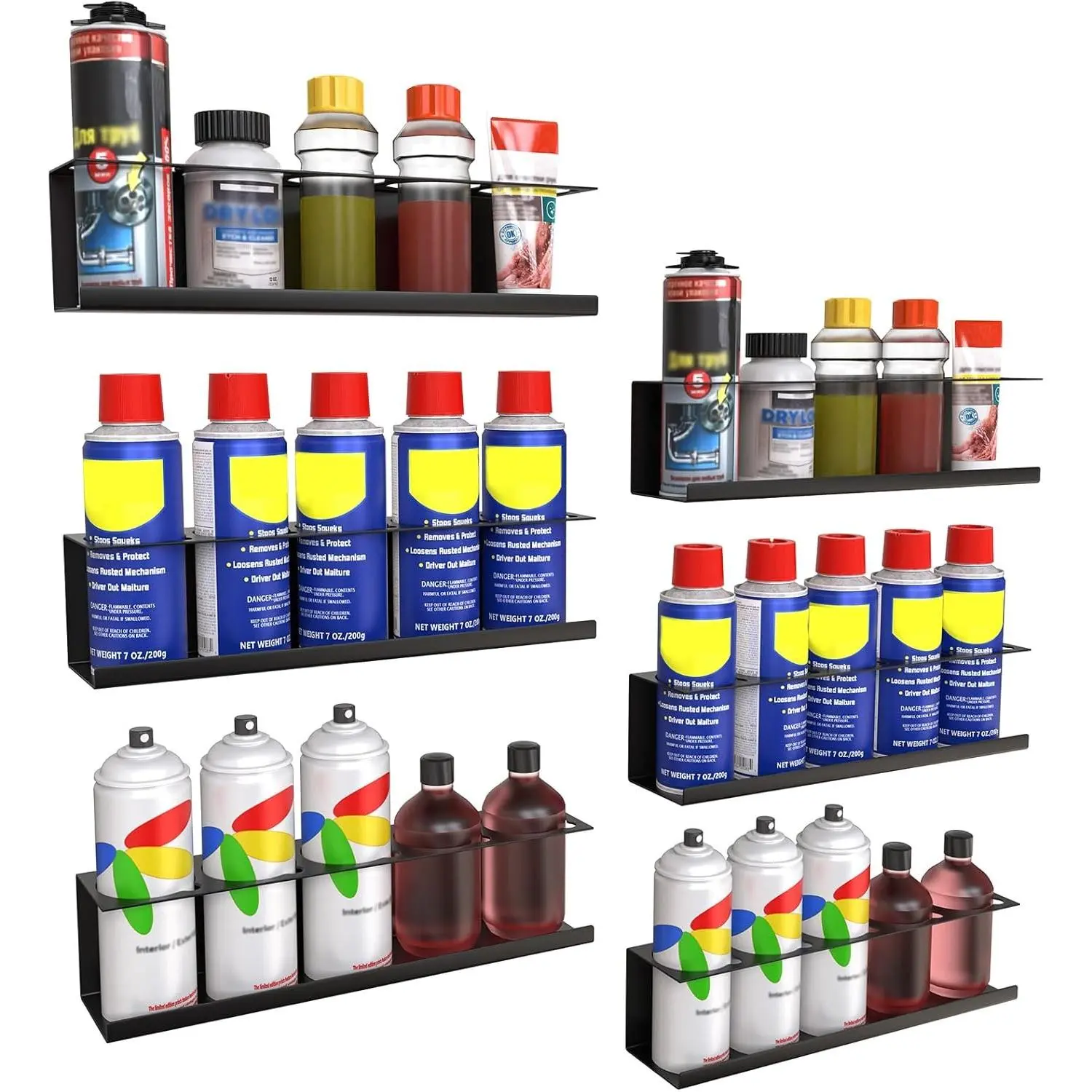 6 Pack Wall-Mounted Spray Bottle Holder Aerosol Spray Can Storage Rack Heavy-Duty 30 Holes Paint Bottle Organizer Steel Black Spray Rack for Garage Shop Home or Tool Trailer