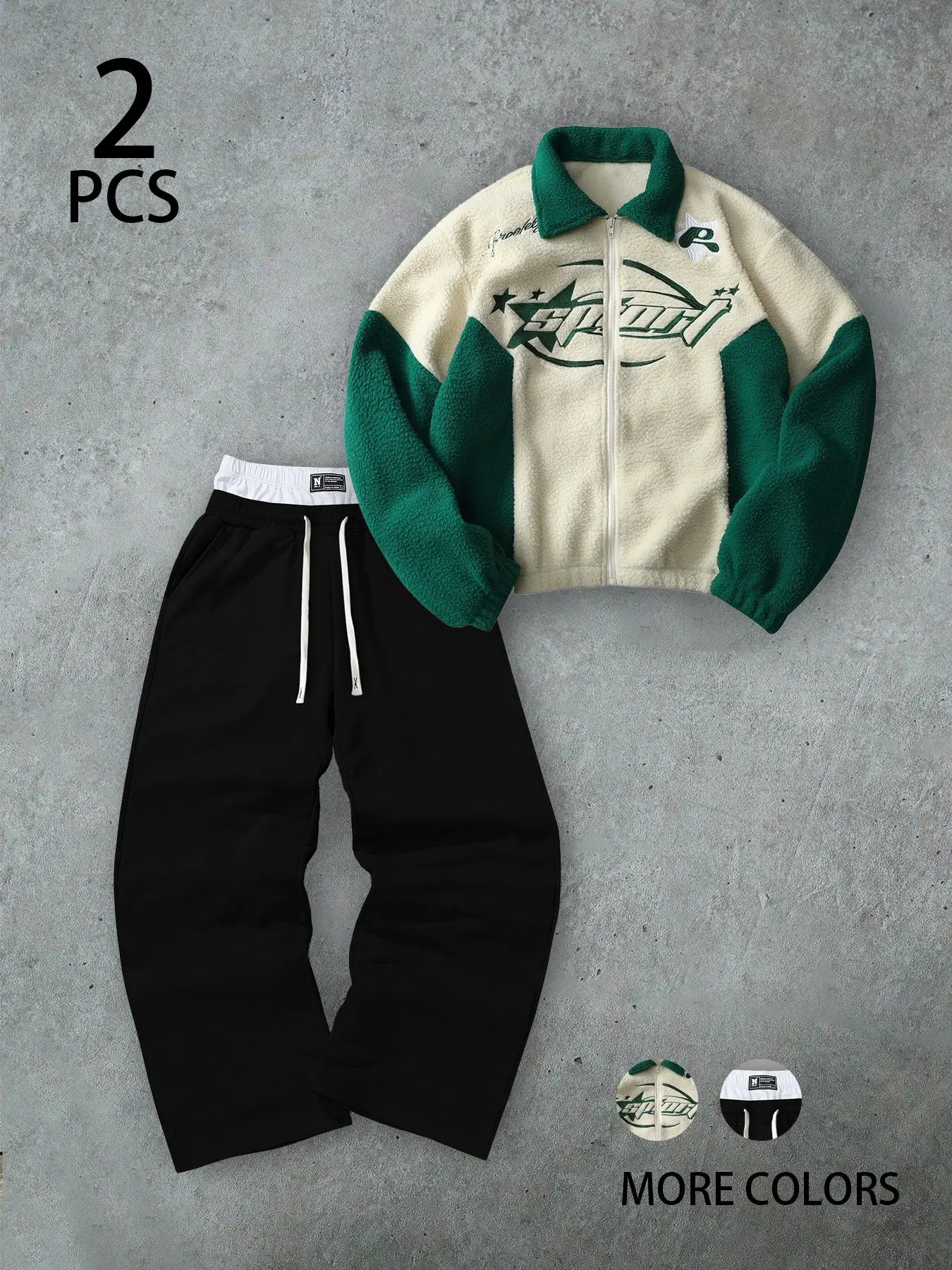 Men's 2PCS Color Block Fleece Tracksuit Set: Retro Star Print Full Zip Plush Jacket with Layered Waist Sweatpants for Casual Fall Winter Outfit