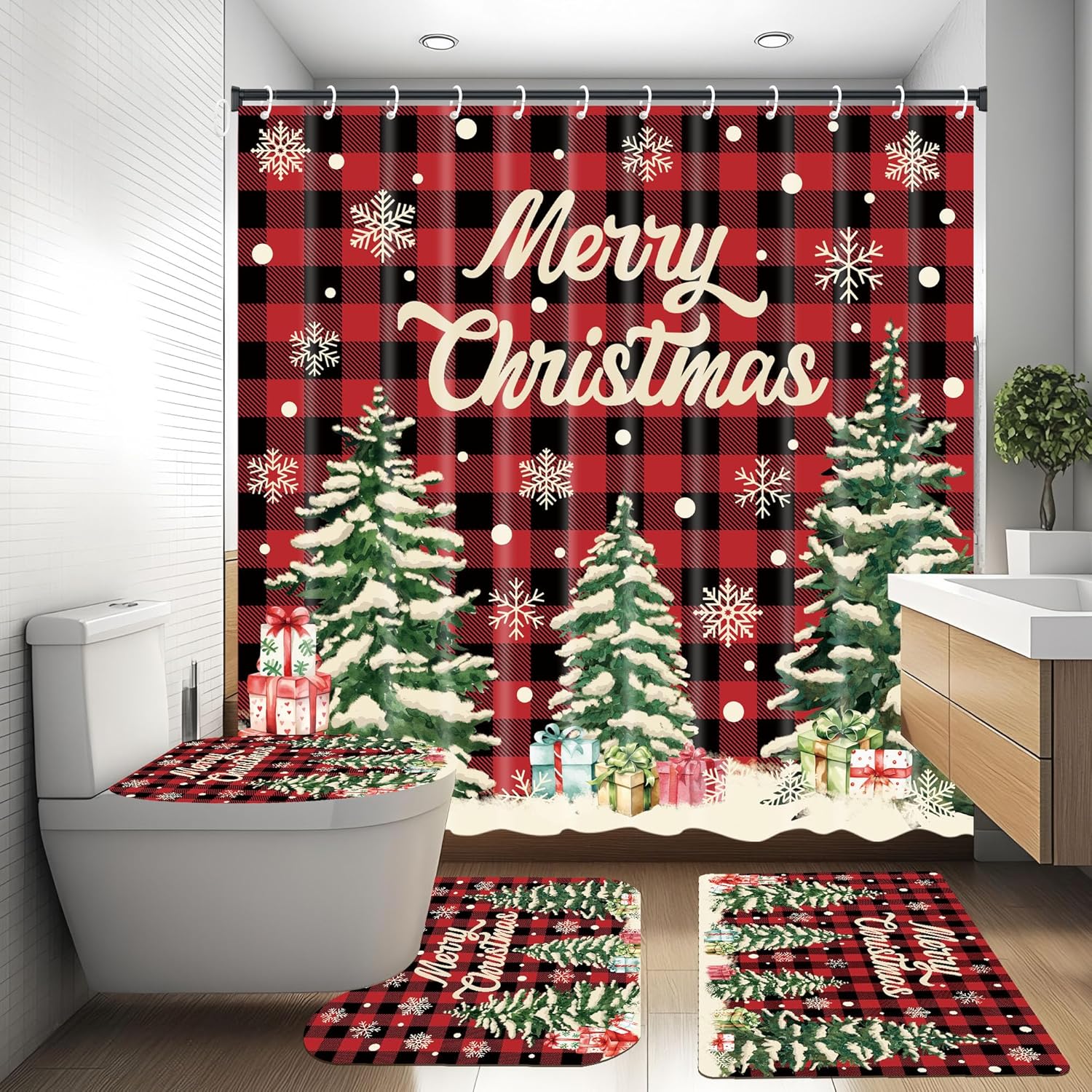 4 Pcs Christmas Shower Curtain Set Red Buffalo Plaid Bathroom Sets with Non-Slip Rugs Toilet Lid Cover Bath Mat with 12 Hooks Christmas Tree Shower Curtain for Xmas Winter Holiday Bathroom Home Decor