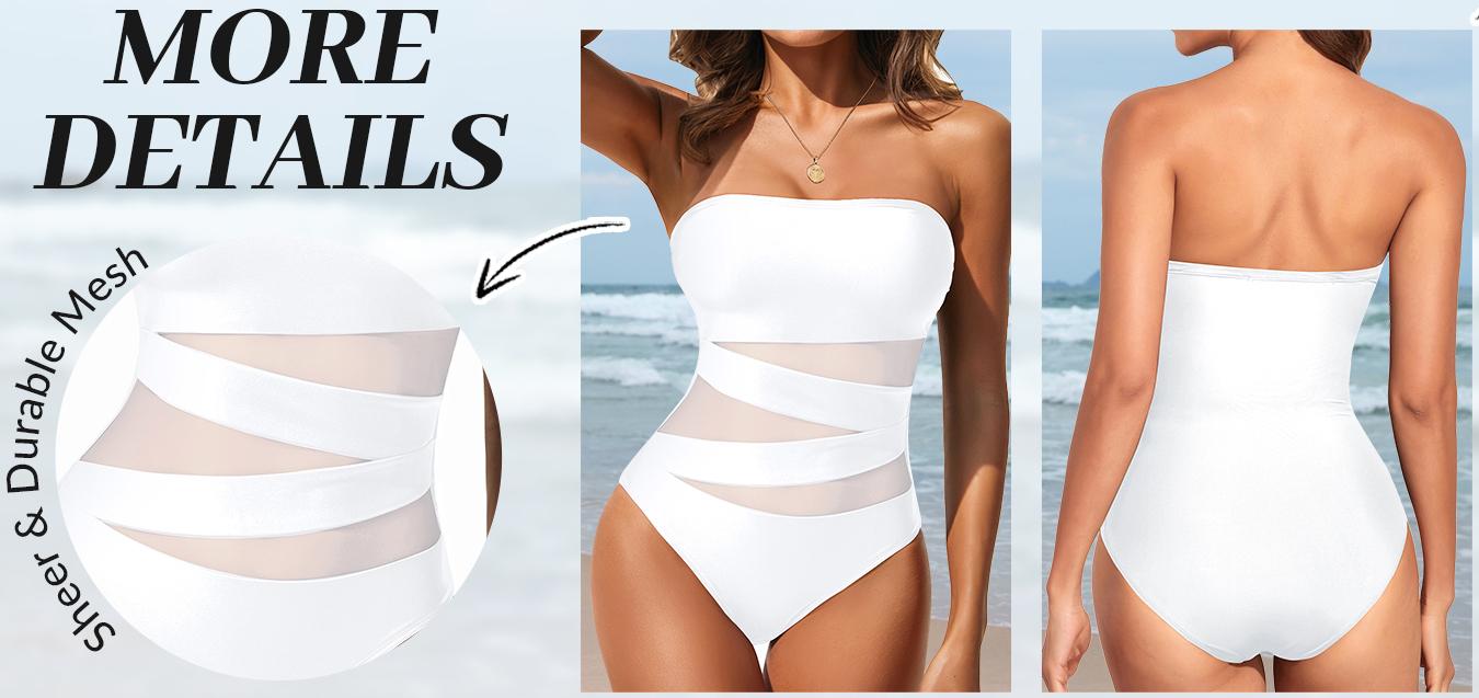Holipick Women Strapless Bandeau One Piece Swimsuits Sexy Mesh Cutout Bathing Suits Tummy Control Swimwear