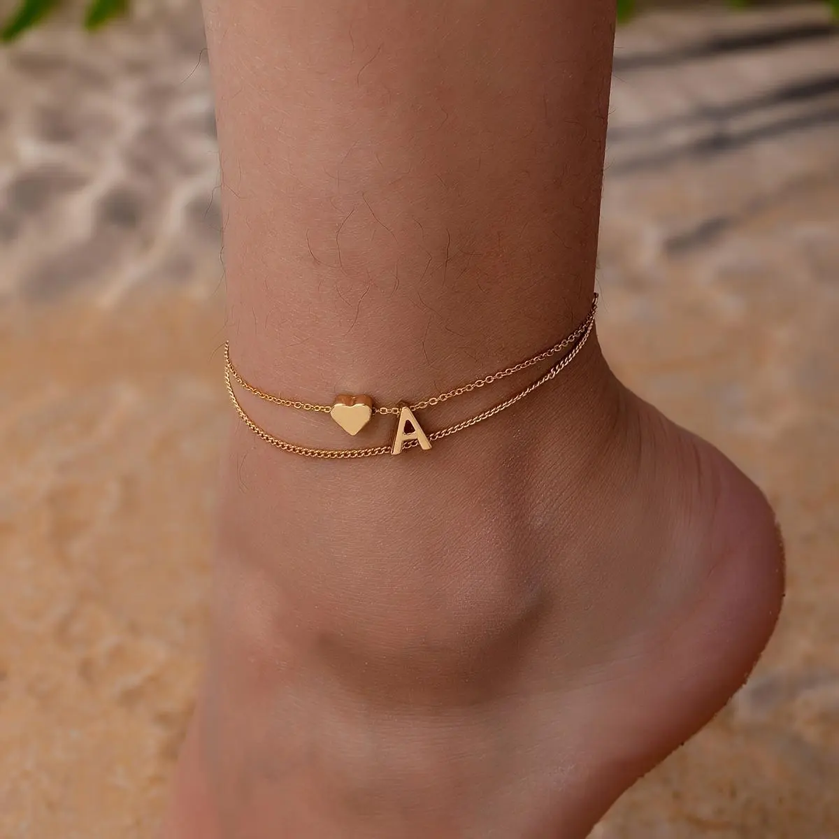 Women's Stainless Steel Double-Layer Alloy Anklet - Elegant Casual Silver-Coated Chain Jewelry Anklets with Heart, Initial G S Letter Charms, Geometric Design for Daily Wear (Non-Customized Layered Look Female Accessory)
