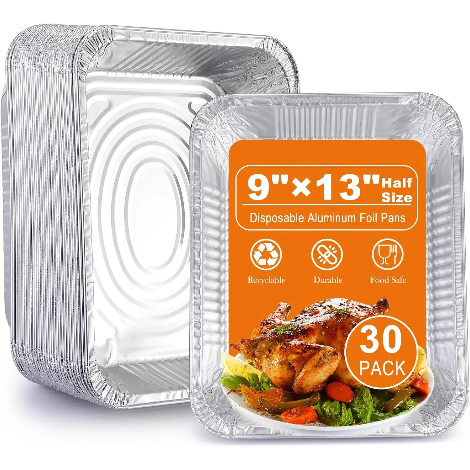 9x13 Disposable - Half Size Aluminum Foil Heavy Duty deep Steam Table Pan, Tin foil Turkey Sheets Tray Chafing Grill Accessories for Cooking, Baking, Storing, Food Prepping (30)