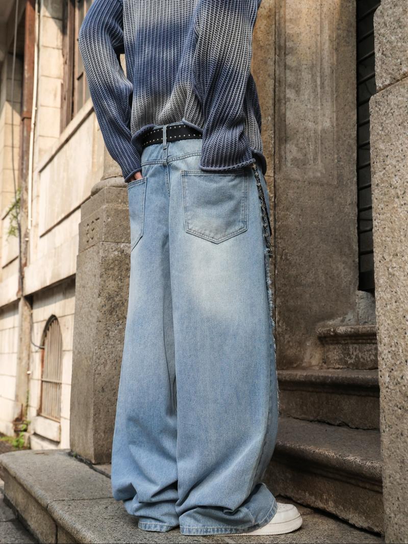 Men's American Casual Light Wash Blue Loose Straight Jeans, Y2K Street Style, Drop Crotch Design, All Seasons, Zipper Fly, Loose Fit