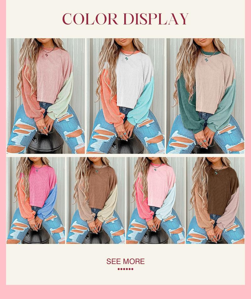 Women's Colorblock Twisted Ribbed Knit Dropped Shoulder Cropped Sweatshirt, Casual Round Neck for Fall Winter, Ladies Daily Wear, Casual Pullover Tops