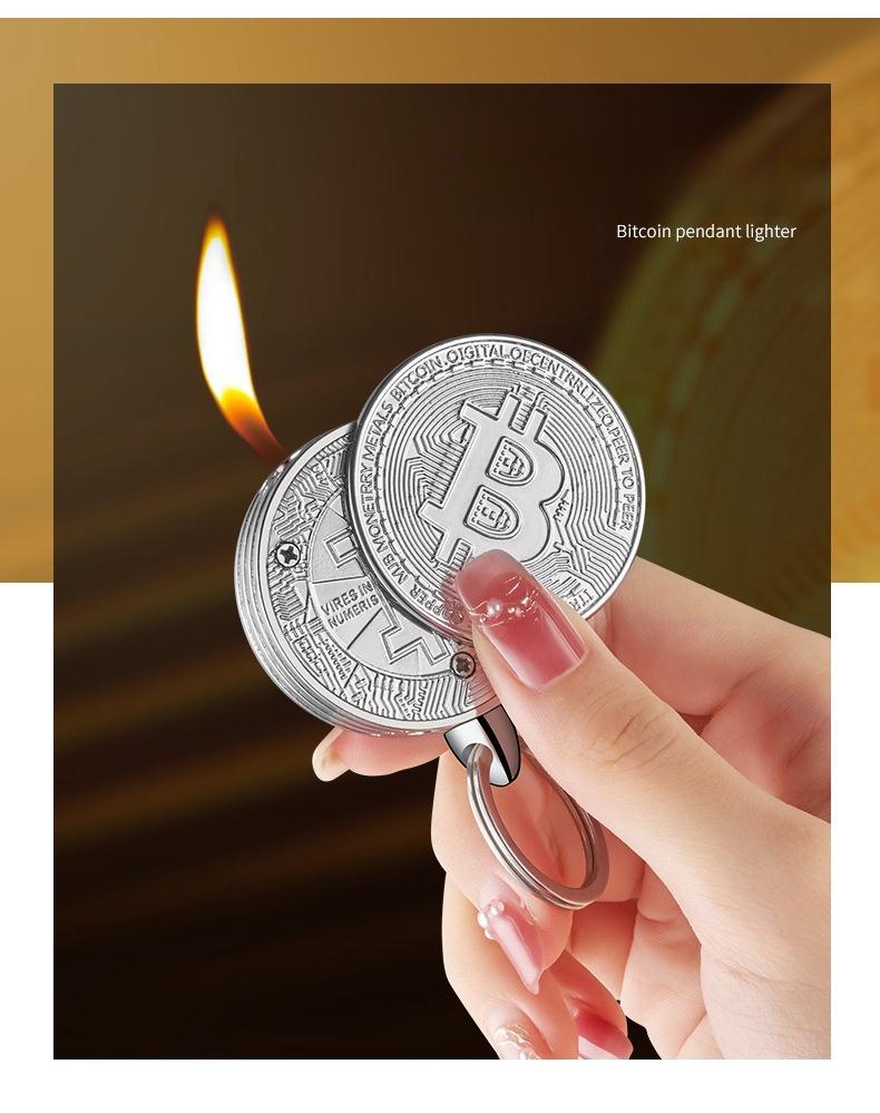 (Butane-free) Bitcoin-Shaped Refillable Butane Lighters, Windproof Metal Keychain Lighters with Adjustable Flame, Portable Coin Design for Camping, Candles & Outdoor Use-Cool Crypto Gift for Men & Friends (Butane Not Included)