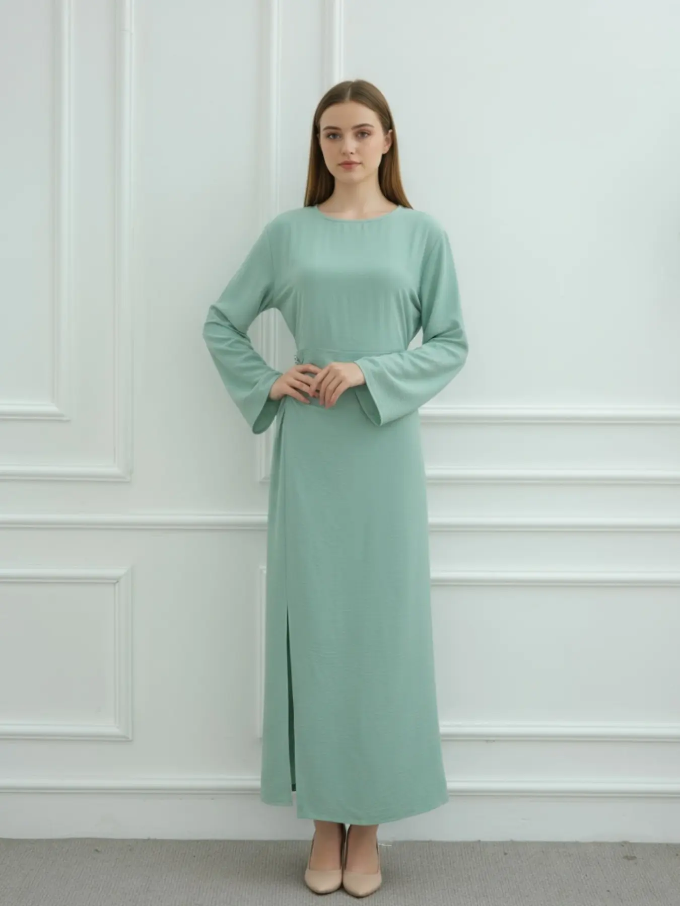 Muslim Women Simple Modest Style Dress with Back Tie, Waist Cinching, Decorative Buttons, Perfect for Friend Gatherings & Casual Occasions, Modest Muslim Outfits, Maxidresses, Long Sleeve Dresses, Modest Islamic Clothing