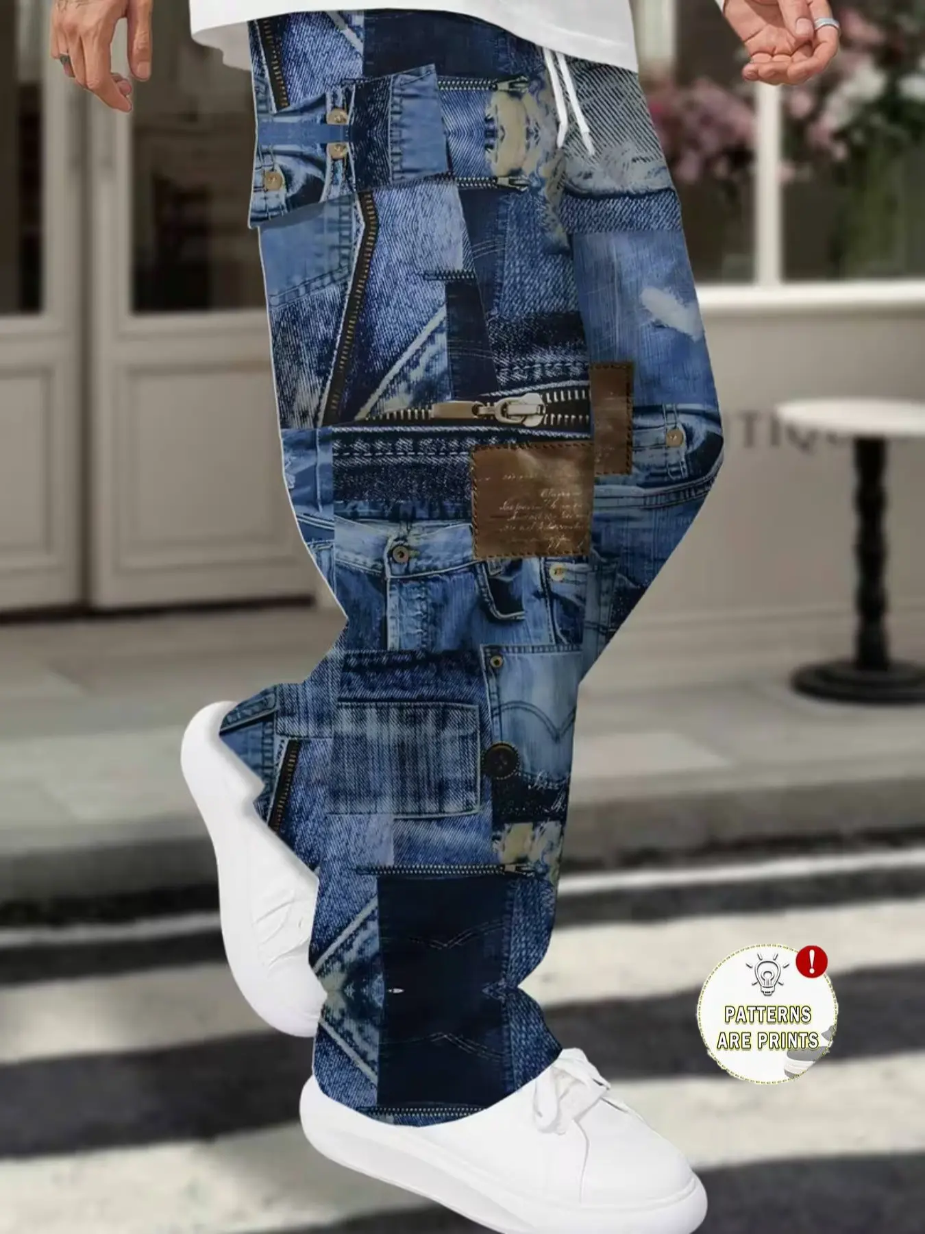 Men's Denim Patchwork Full Print Casual Cargo Pants, Outdoor Hiking, Streetwear, Mountain Style, Pair with T-Shirt or Sweatshirt