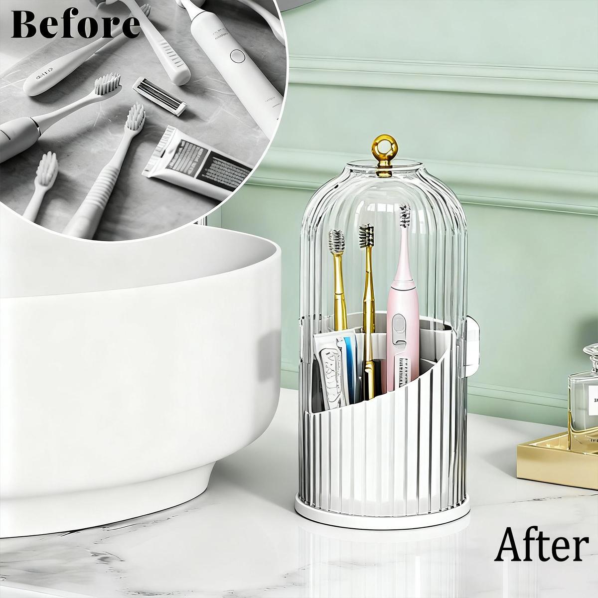 360° Spinning Toothbrush & Makeup Brush Organizer, Toothbrush Storage, Dustproof, Anti-Slip, Drainage Design, 3 Slots, Transparent Plastic, Bathroom Vanity Countertop
