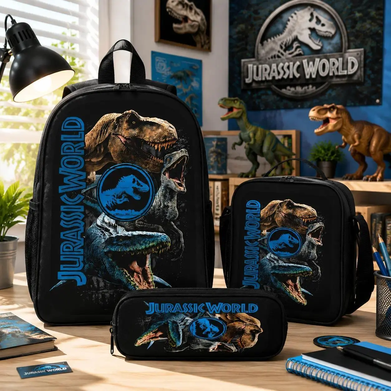 Jurassic World 3PCS Backpack Set with Lunch Bag Pencil Case Dinosaur T Rex Velociraptor Print Backpack Lightweight Travel Daypack Bookbag for Boys Girls Teens Fans Back to School Gift Trendy TikTok Backpack Bundle Comfortable Shoulder Strap