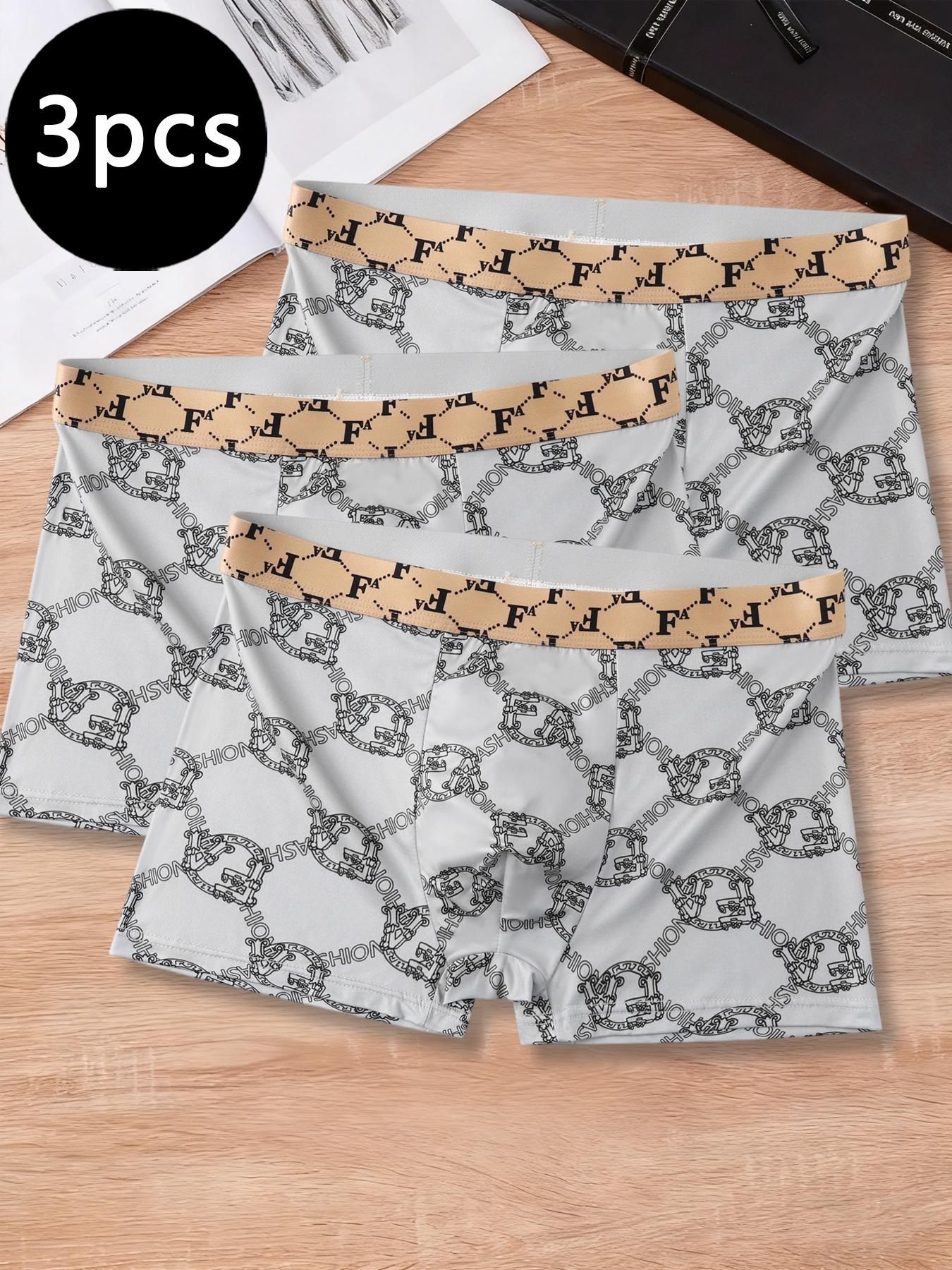 3Pcs Luxury Grid Men's Boxer Briefs | Gold Line Design Breathable Underwear | Stylish Stretch Boxers Shorts for Men