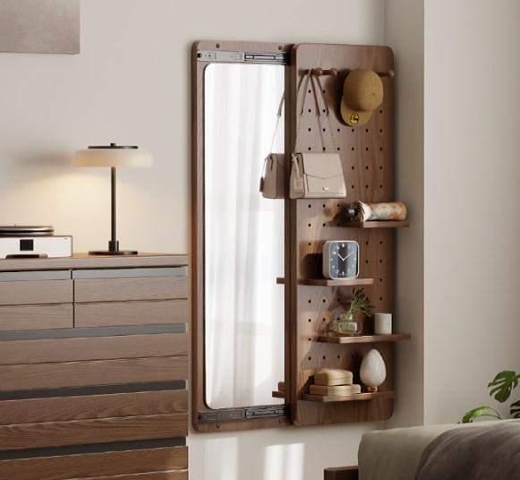 【School】Pegboard Mirror, 100% Solid Wood - No MDF, Mirror with Shelf & Hooks, Rustic Wall-Mounted Mirror with Multifunctional Panel for Bedroom, Living Room, Entryway