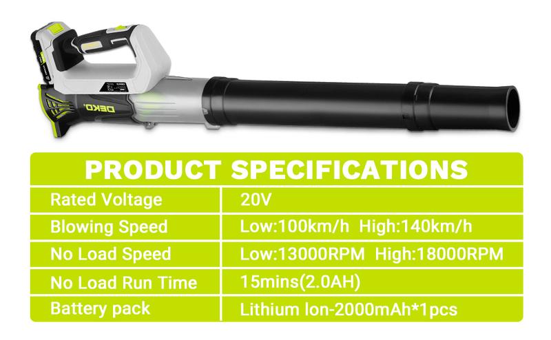 DEKO 20V Cordless Electric Leaf Blower With 2000mAh Battery And Charger 18000RPM Two Speed Settings Lightweight Design With Extension Tube For Lawn Yard Garage Leaves Dust And Snow Removal