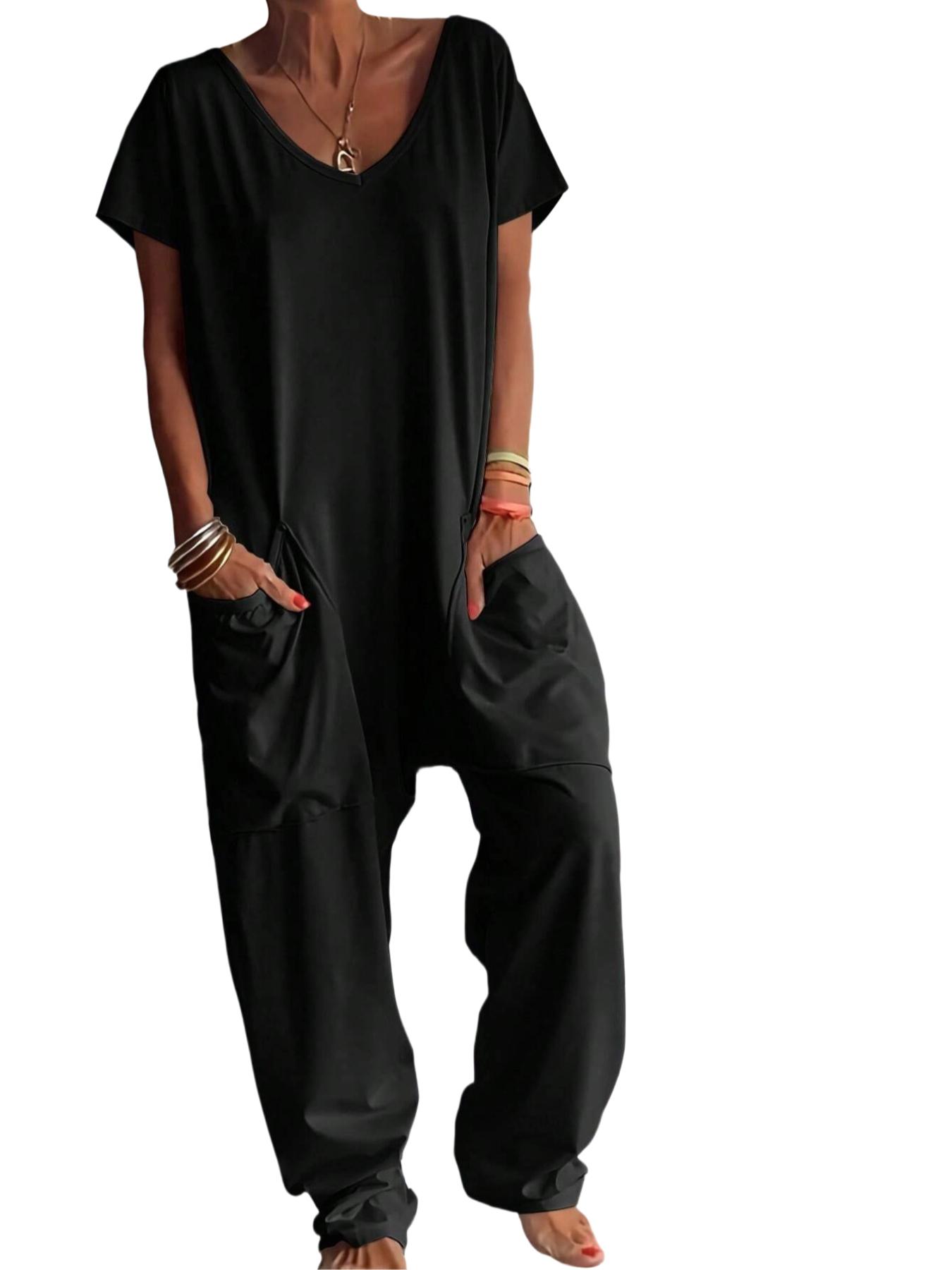 2026 Women's Casual Jumpsuit, Short-Sleeve V-Neck Harem Pants, Loose Fit Wide Leg, Perfect for All Seasons, Stylish & Comfortable