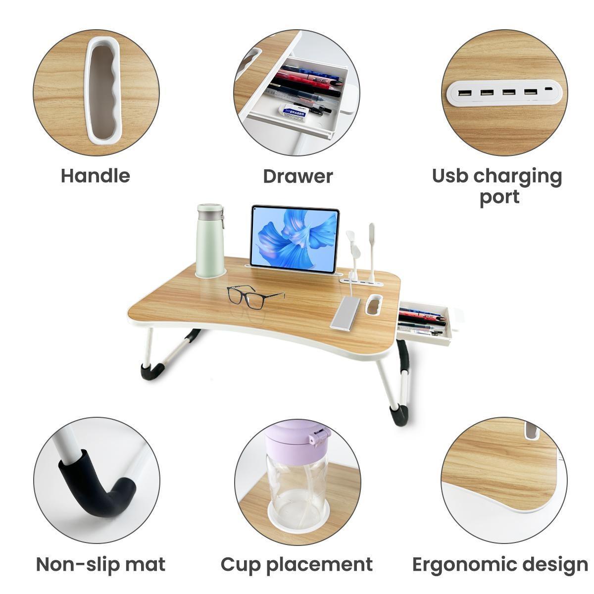 Foldable Laptop Bed Desk Tray with 4 USB Ports Portable Lap Table Tiltable Tabletop Wood Workstation Storage Drawer Cup Holder for Home Bed Couch Working Reading