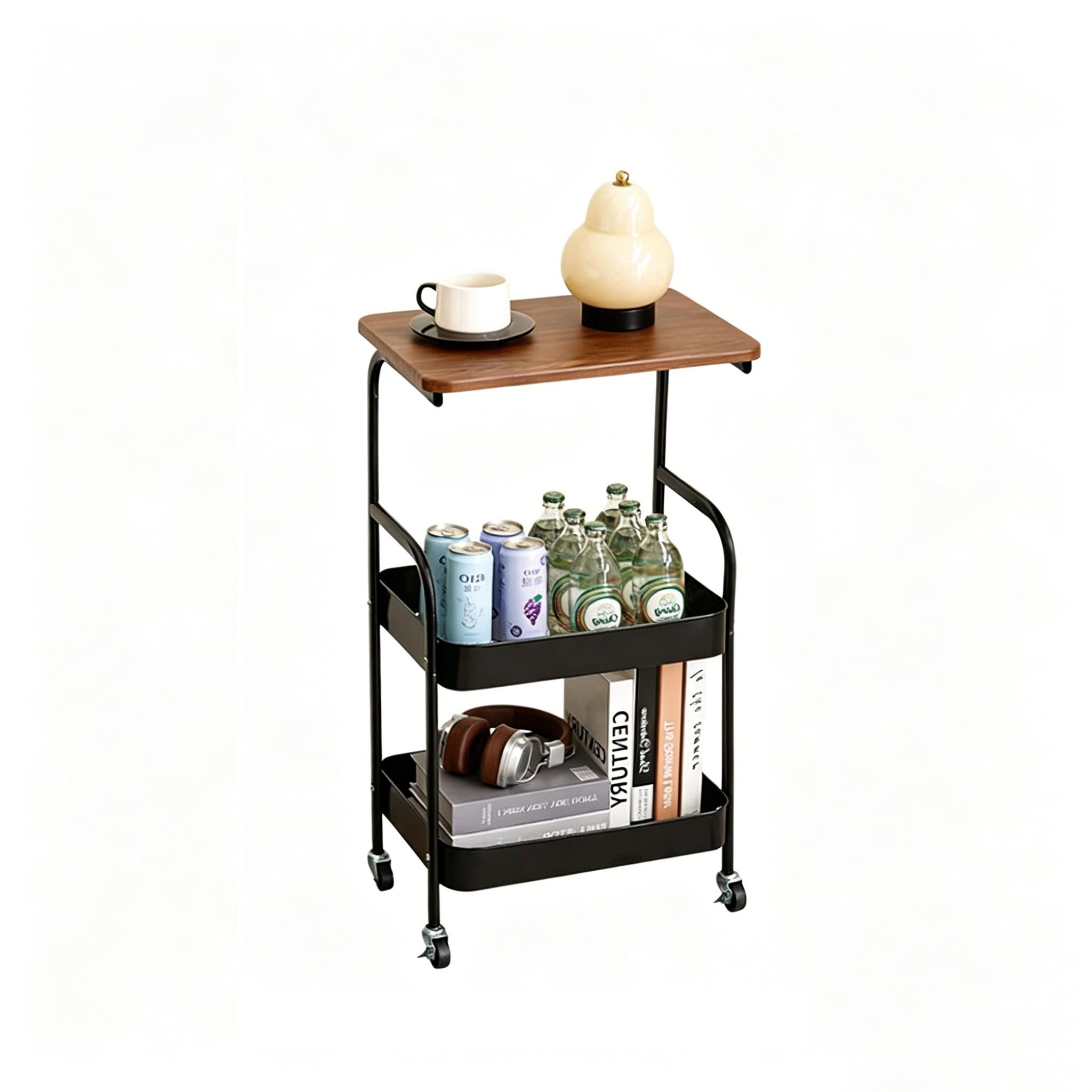 Three-Tier Rolling Cart with Desktop, Storage Shelf, Metal Frame, Portable Wheels, Durable Carbon Steel, Home or Office Use