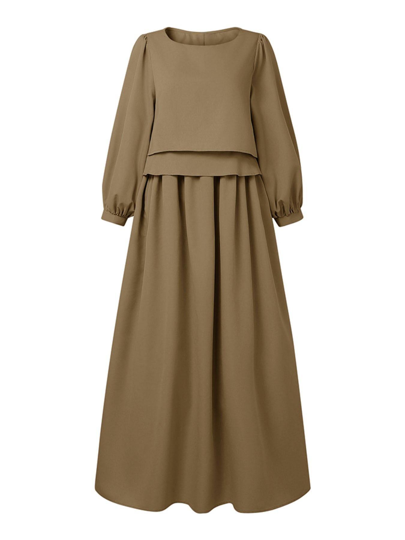 Women's Casual Long Sleeve Dress, Pure Color A-Line Design, Autumn Retro Style, Comfortable and Stylish, Perfect for Daily Wear