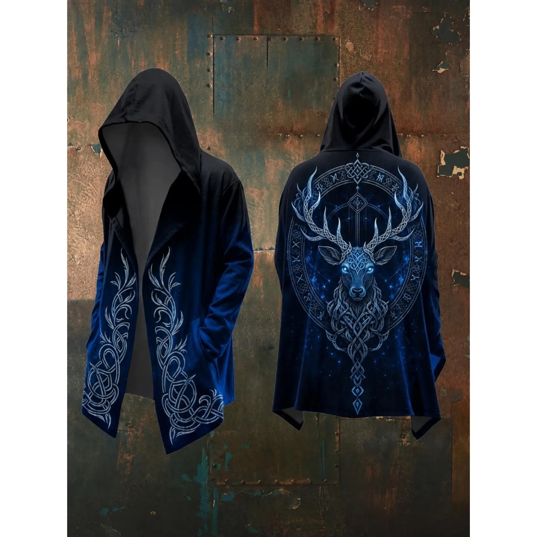 [Printed Design- Not Textured] Men'S Plus Size Viking Celtic Deer Wolf Rune Long Hooded Cardigan, Patterned Printed Nordic Virginia Compass Open-Front Cloak Jacket with Pockets