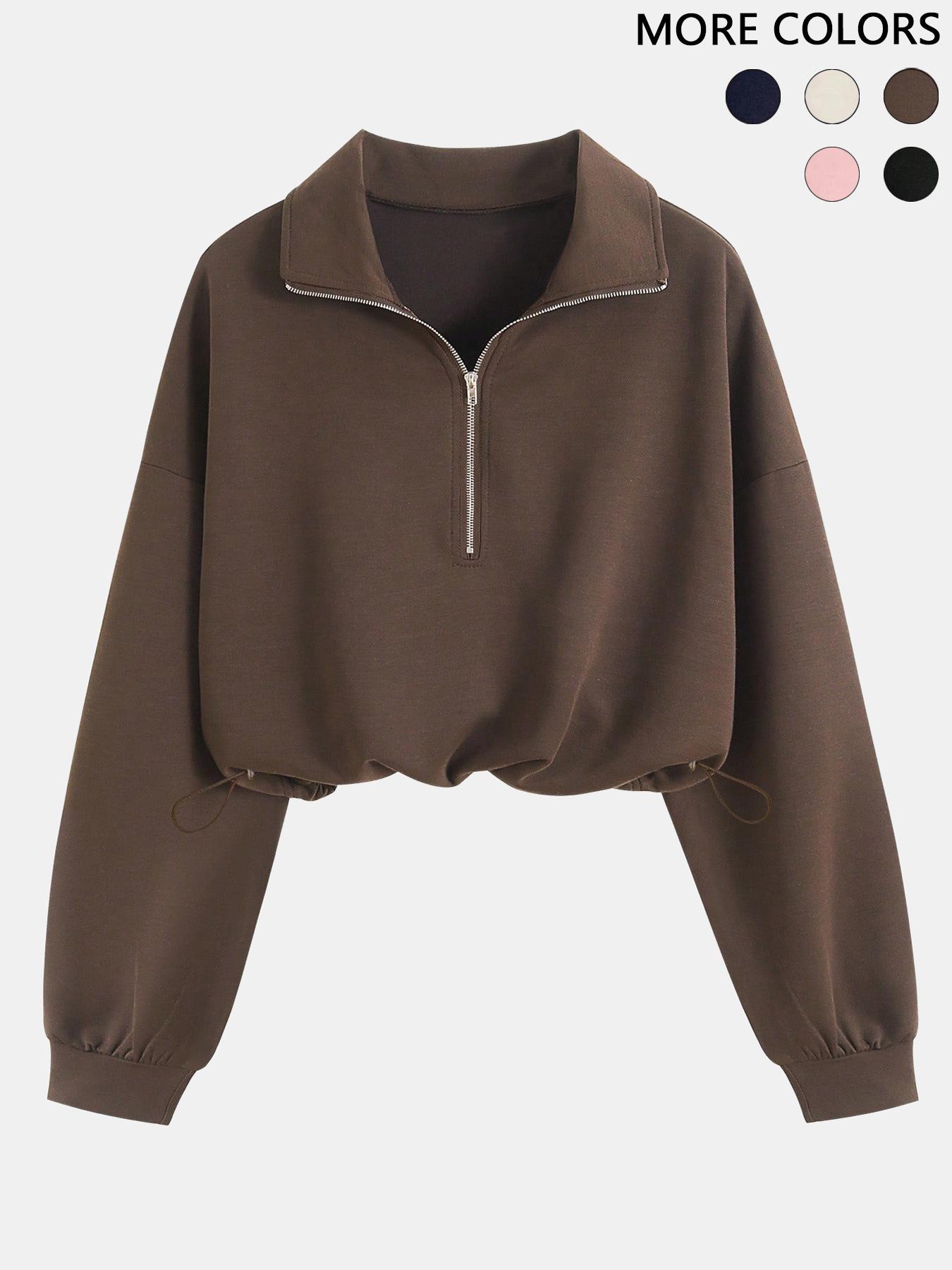 Women's Half-Zip Stand Collar Drawstring Short Sweatshirt, Comfortable and Stylish Pullover for Spring & Fall