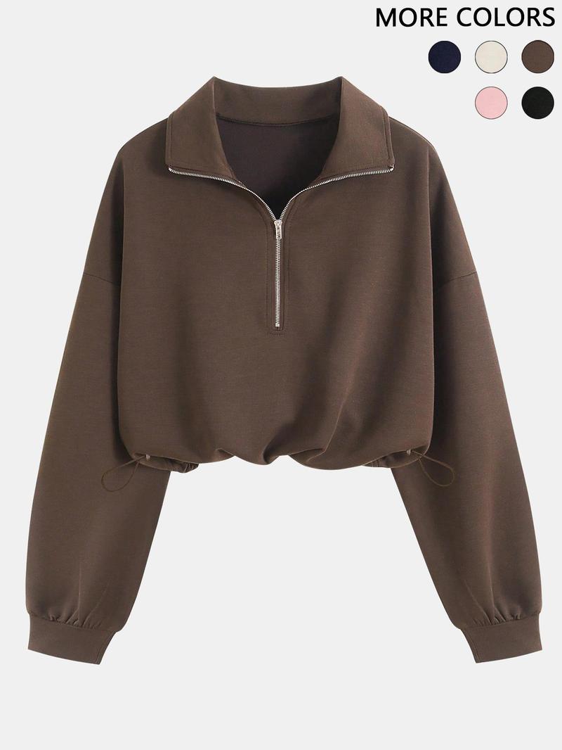 Women's Half-Zip Stand Collar Drawstring Short Sweatshirt, Comfortable and Stylish Pullover for Spring & Fall