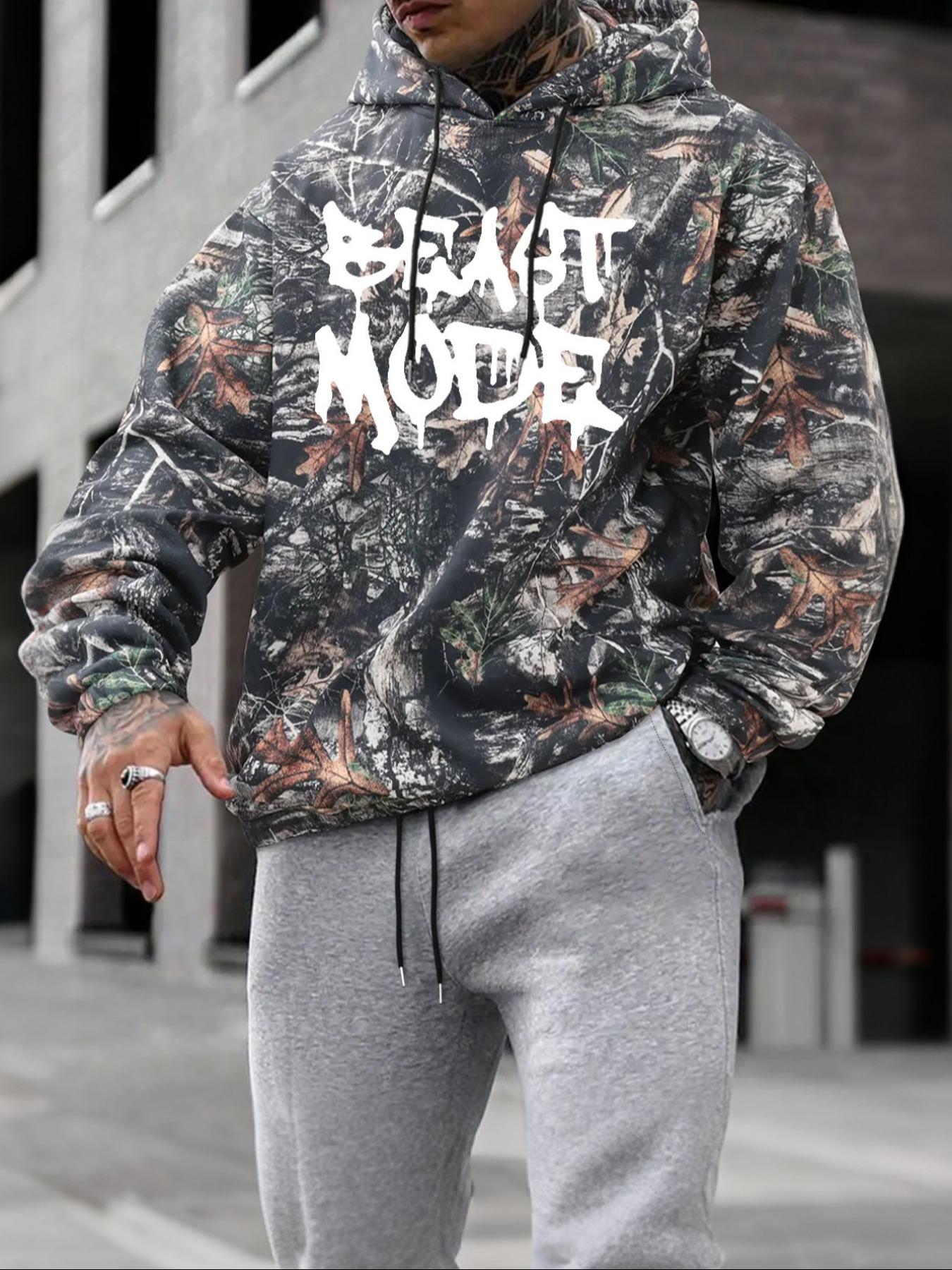 Men's Camo Print Hoodie, Regular Fit Casual Letter Print Long Sleeve Hooded Sweatshirt for Fall & Winter, Men's Top for Daily Wear