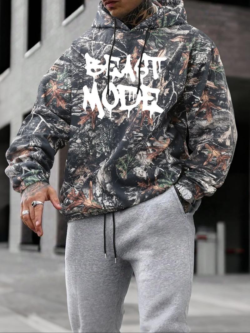 Men's Camo Print Hoodie, Regular Fit Casual Letter Print Long Sleeve Hooded Sweatshirt for Fall & Winter, Men's Top for Daily Wear