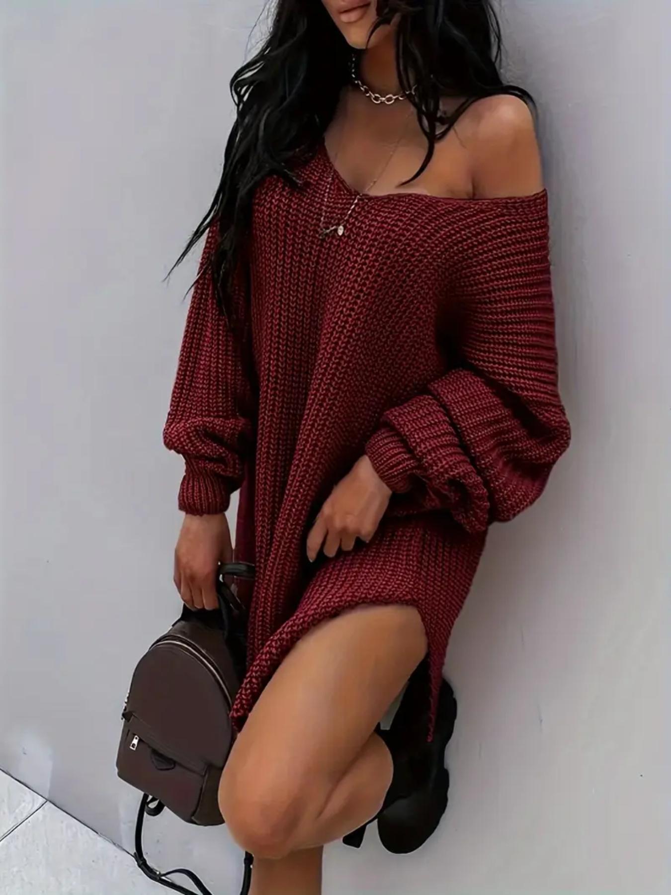 【Plus Size】 Women's Solid Color Sweater Dress, Casual Comfy Chic Knit Dress for Fall & Winter, Women's Plus Clothing for Daily Wear