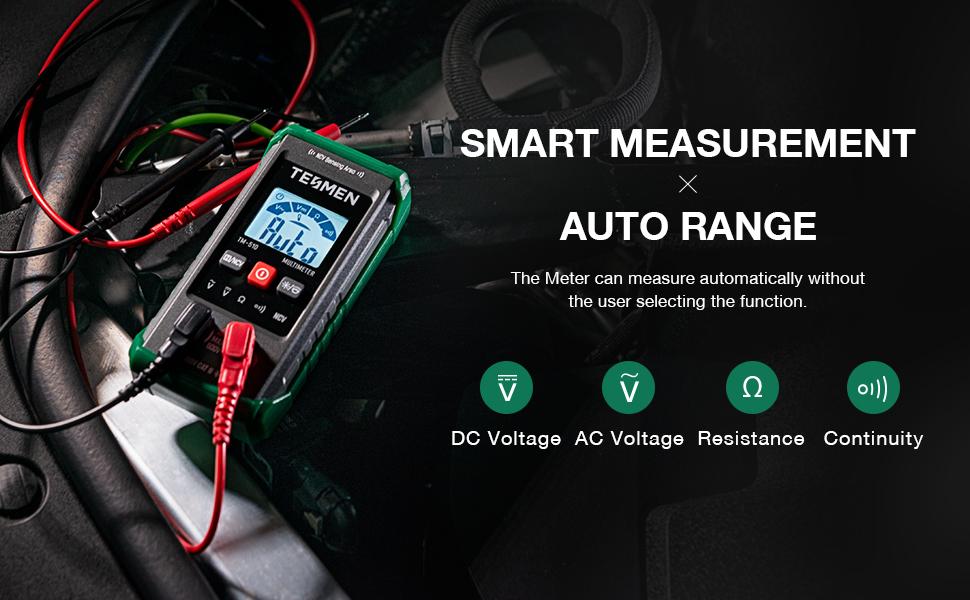 TESMEN TM-510 Digital Multimeter, 4000 Counts, Smart Measurement, Auto-Ranging Voltmeter; Non-Contact Voltage test, Measures AC/DC Voltage, Resistance, Continuity – Green