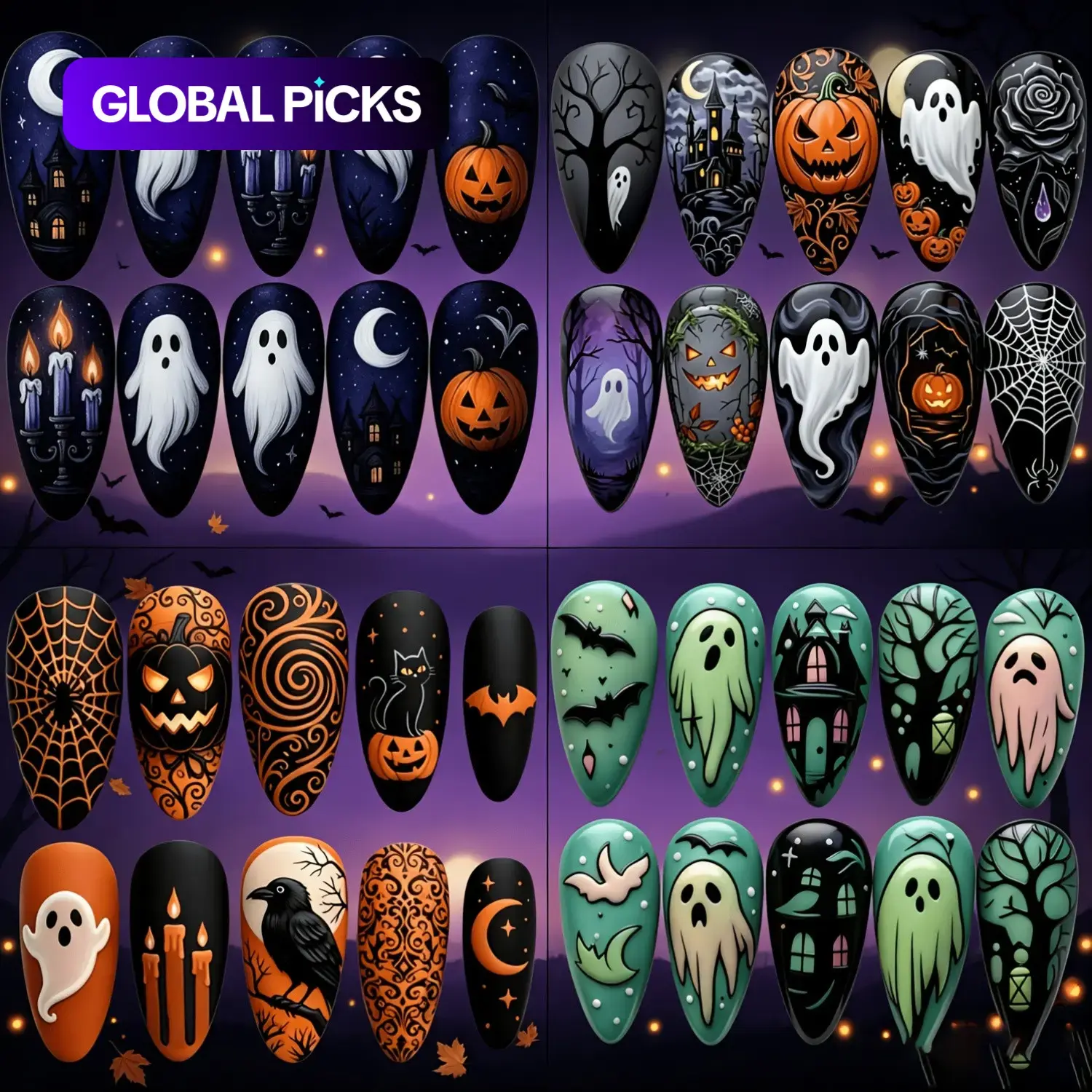 120pcs Short Almond Halloween Ghost Press-On Nails, Glossy Full-Coverage Removable False Nail Set, Perfect for Women's Daily Use & Party Events #GLOBAL PICKS