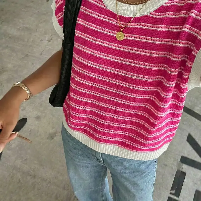 Women's Striped Knit Vest, Casual Loose Fit Sleeveless Top, Sleeveless Fashion Apparel, Spring Summer Fashion, Elegant & Comfortable, Random Stripe Pattern