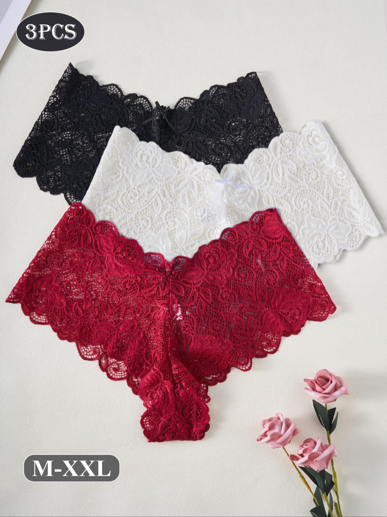 Women's Lace Underwear Mid-Waist Thong Panties, Bow Detail, Full Embroidery, Plain Color, M-Xxl, Slim-Fitting, All Seasons