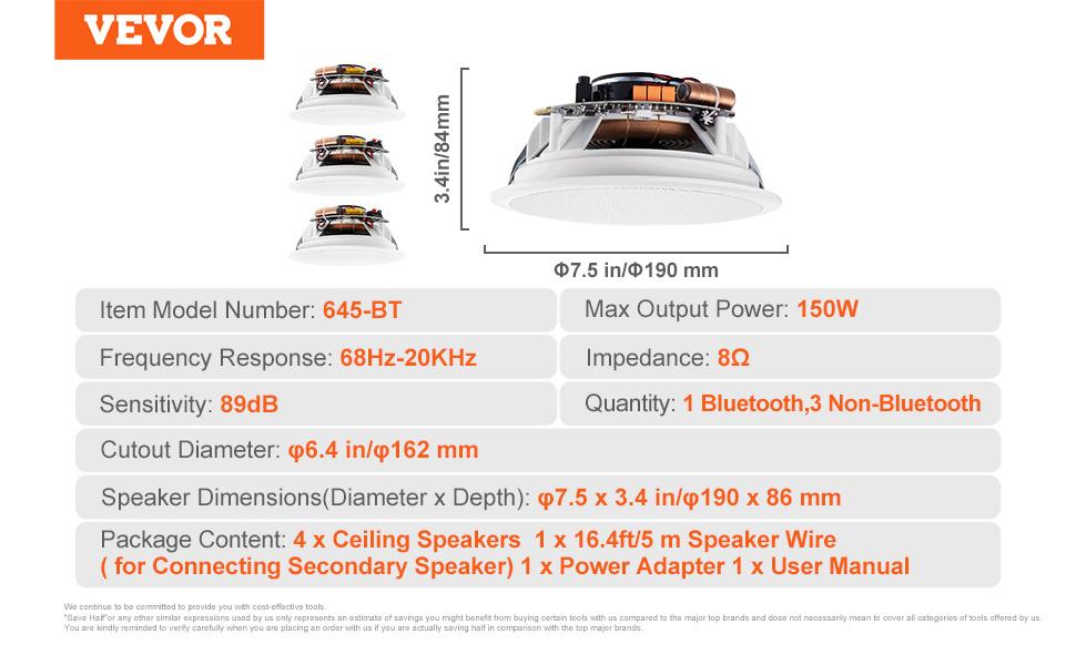 VEVOR 4 PCs 6.5'' Bluetooth in Ceiling Speakers, 150W, Flush Mount Ceiling in-Wall Speaker System with 8Impedance 89dB Sensitivity, for Home Kitchen Living Room Bedroom or Covered Outdoor Porches