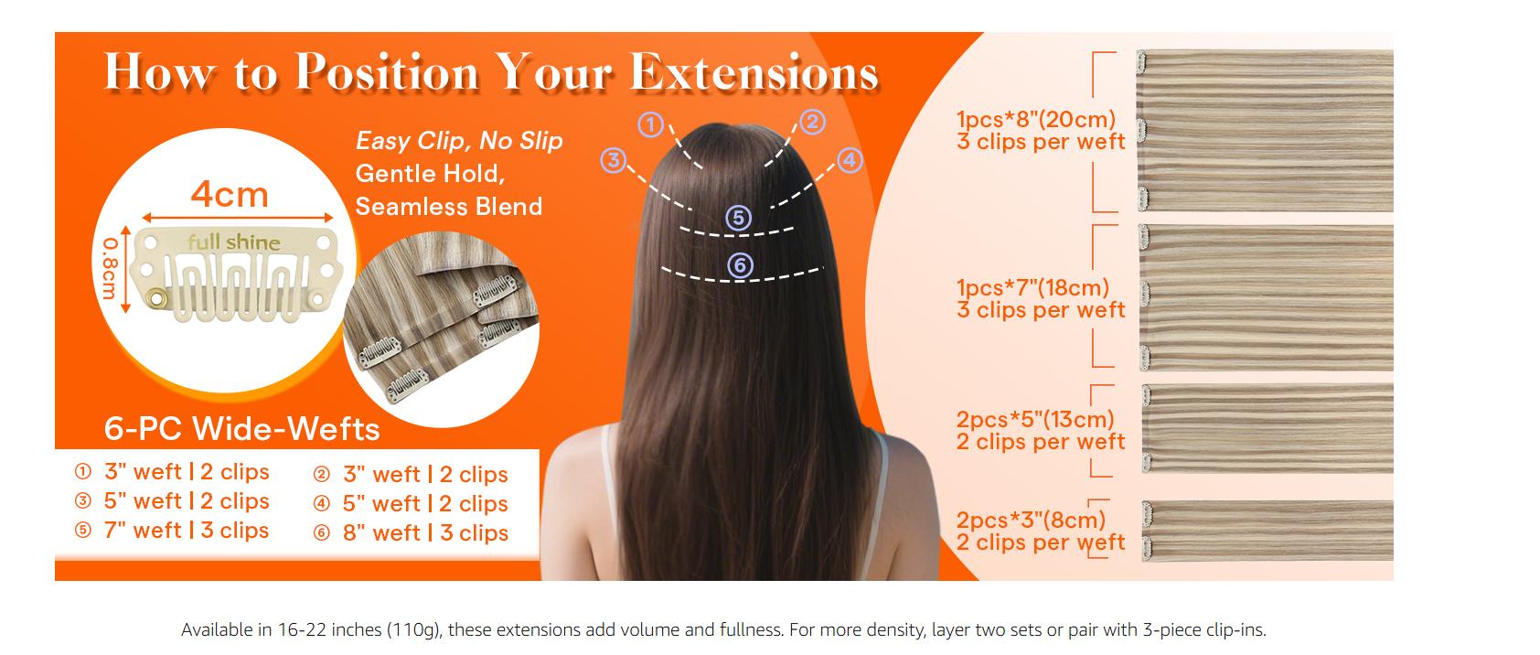 Full Shine Injected Seamless Clip In Injection Hair Extensions Invisi Edge PU Clip ins Real Human Hair Blonde Highlight Seamless Clip in Human Hair Extensions PU Skin Weft Add Volume 6 Pcs 100 Grams Hairpiece