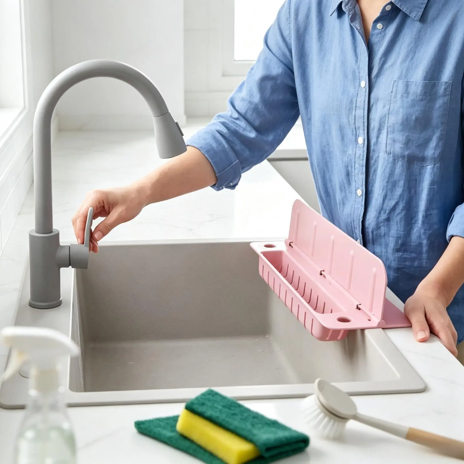 13.9in Foldable Water Splash Guard with Removable Suction Cup Draining Boards, Kitchen Water Baffle for Less Sink Splash, Home Organizer Storage Holder for Cleaning Tools, Easy-to-Clean, Household Items-GZ