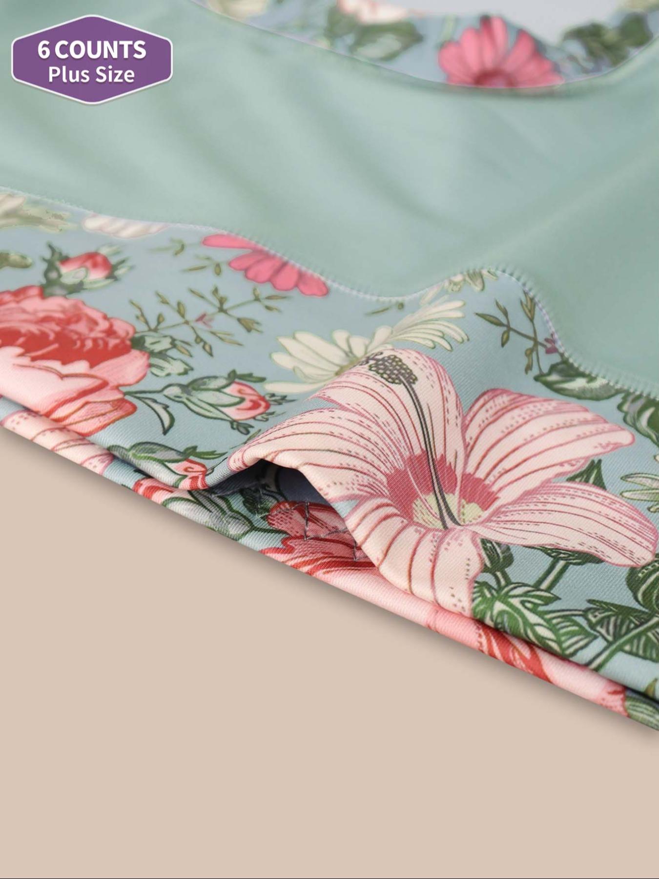 【Plus Size】 Floral Print Patchwork High Waist Panty, Tight Fit Soft Comfy Breathable Brief for Daily Wear, Women's Underwear for All Seasons, Colorblock Print Panty