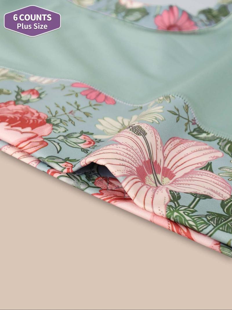 【Plus Size】 Floral Print Patchwork High Waist Panty, Tight Fit Soft Comfy Breathable Brief for Daily Wear, Women's Underwear for All Seasons, Colorblock Print Panty