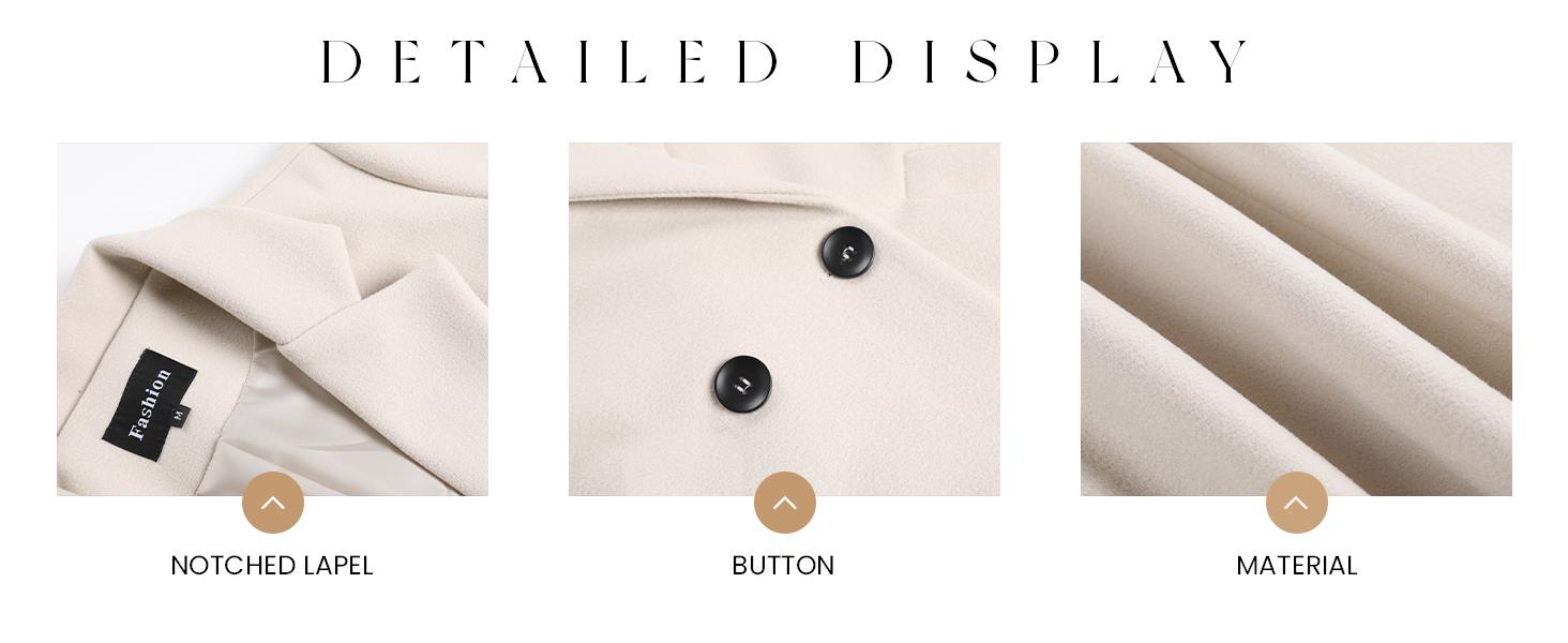 SCUSTY Women's Notched Lapel Winter Wool Coat Single Breasted Pea Coats Wool Blend Blazer Jacket