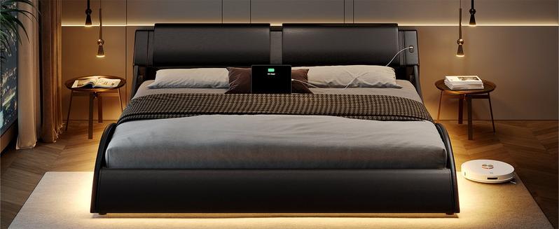 Sikaic Wave Like Curve LED Lighting Bed Frame with Charging Ports and Headboard Black Furniture Home Modern Design Luxury Futuristic Interior Remote Control Technological Sikaic Wave Like Curve LED Lighting Bed Frame with Charging Ports and Headboard Black Furniture Home Modern Design Luxury Futuristic Interior Remote Control Technological