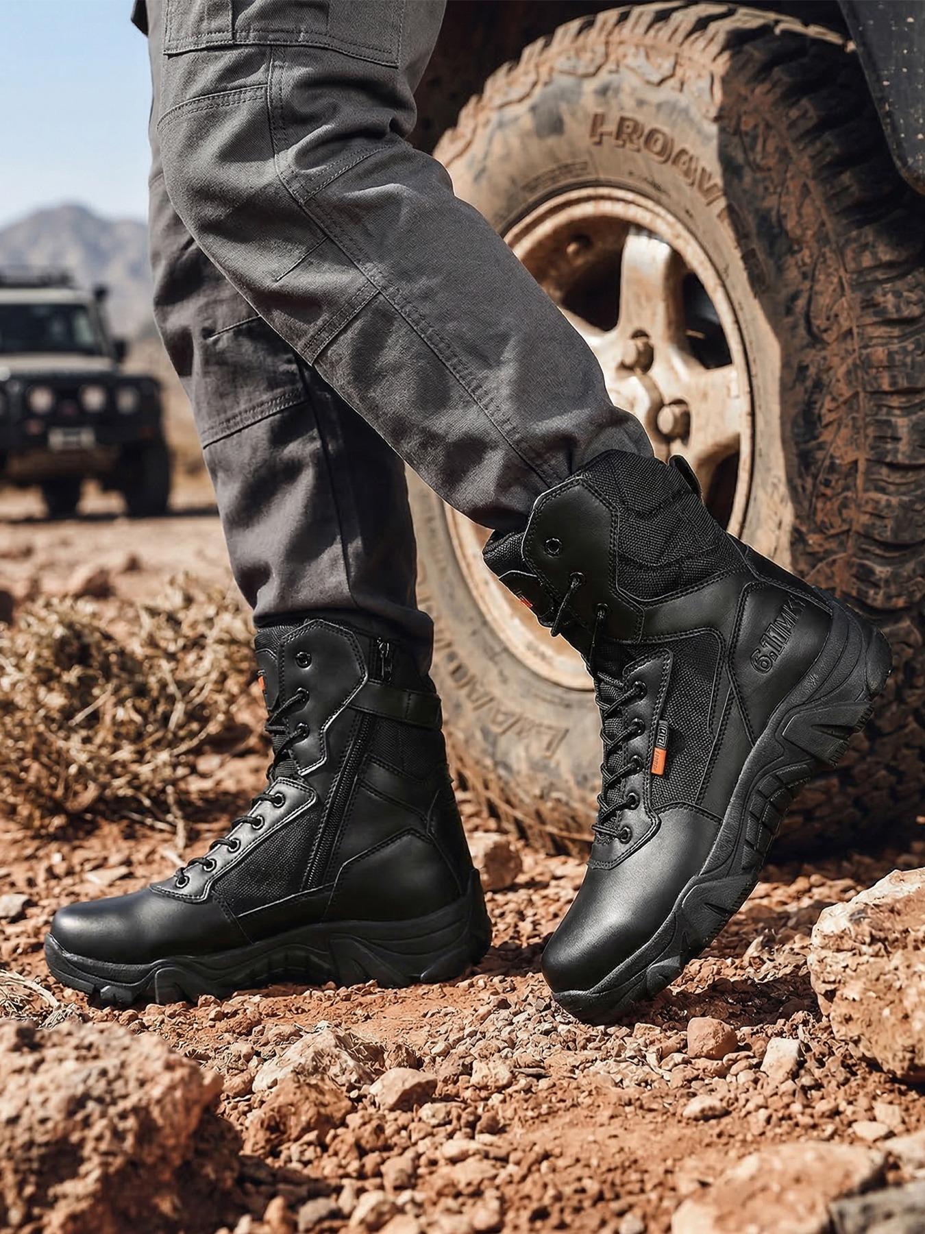 Men's Outdoor Thick-Soled High-Top Hiking Boots, Lightweight Comfortable Trekking Shoes, Side Zipper Lace-Up Men's Tactical Boots