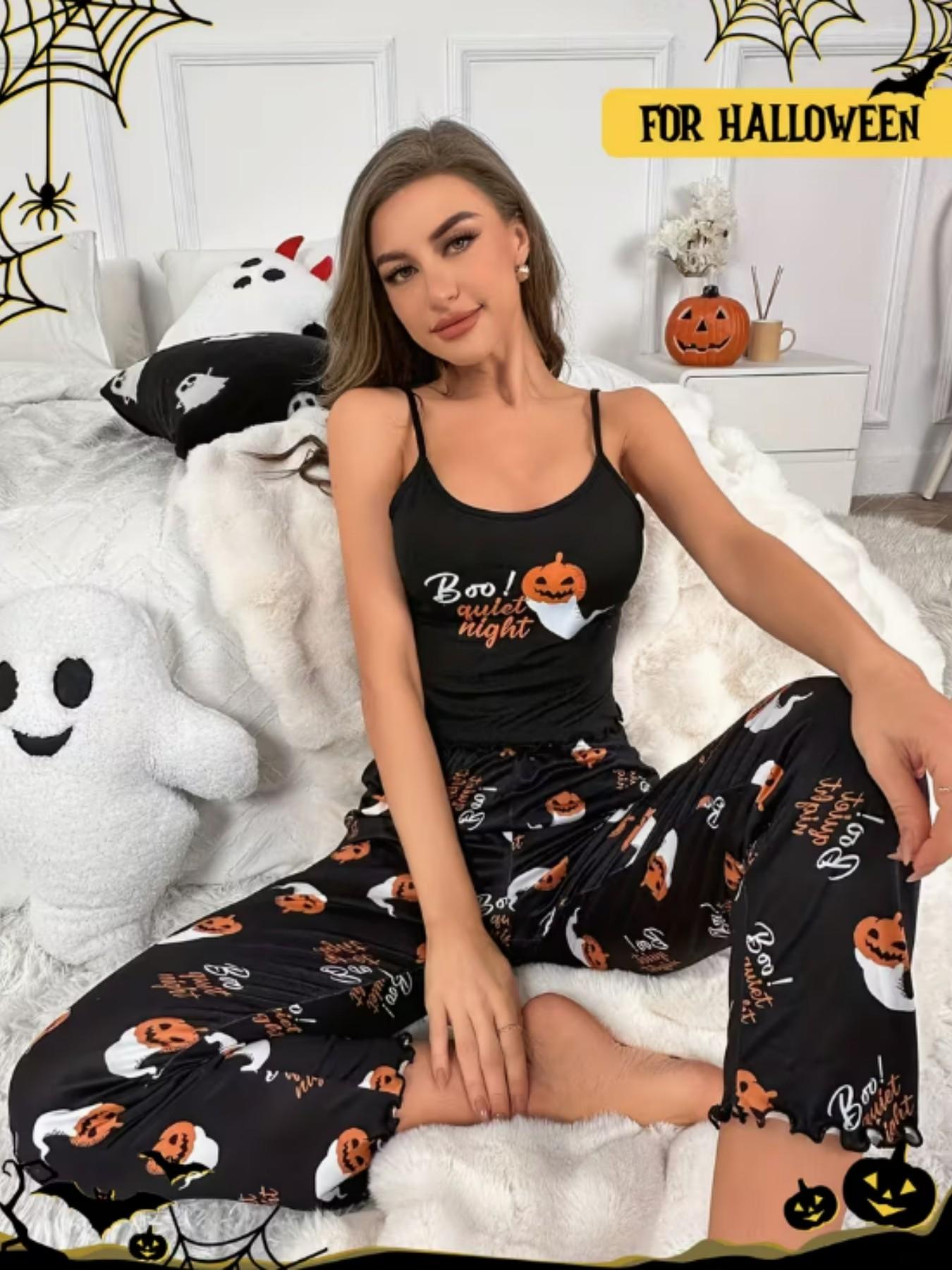 Halloween Strapless Pumpkin Ghost Long Pants Pajama Loungewear Set, Casual Slim-Fitting Home Wear, All Seasons Pyjama Sets for Adults