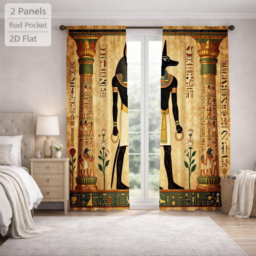 2Pcs Ancient Egyptian Mythology God Anubis Pattern Vintage Sun Blocking Curtains Digital Printed Rod Pocket, Window Treatment For Bedroom Office Kitchen Living Room Study Home Decor