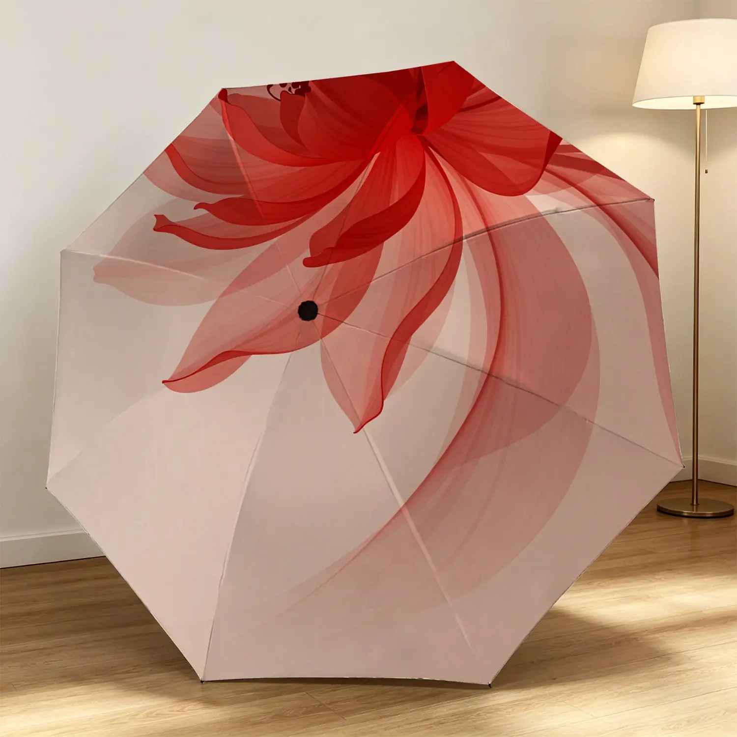 New Traditional Semi-Transparent Lotus Design Automatic Folding Umbrella, 8 Rib Frame, Plastic Handle, Windproof, Portable, Halloween & Christmas Gift