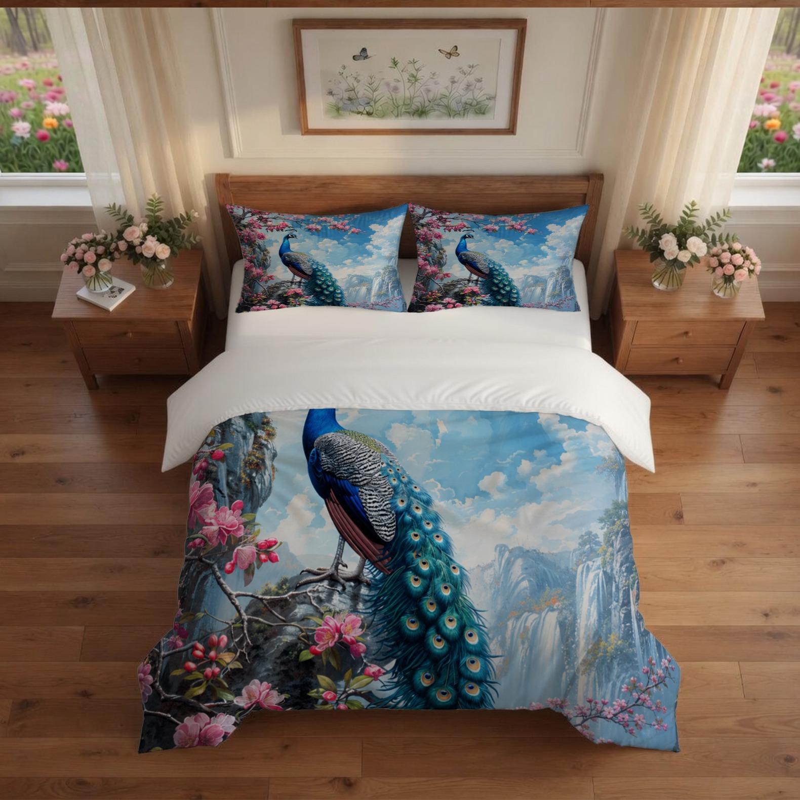 Peacock & Peony Duvet Cover Set, 2/3 Pieces (1 Duvet Cover + 1/2 Pillowcases, No Inserts Included), Vintage Oriental Floral Print, Soft & Breathable Bedding, Suitable for Adults' Bedroom Decor and Home Use for Chinese Style Lovers