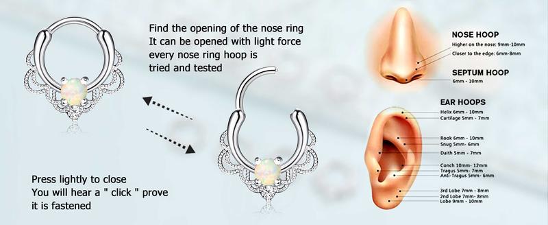 LOYALLOOK 8counts 16G Septum Clicker Ring Stainless Steel CZ Opal Cartilage Helix Tragus Hoop Daith Earrings Nose Rings Hoop Hinged Segment Clicker Ring Piercing Jewelry Accessory Conch