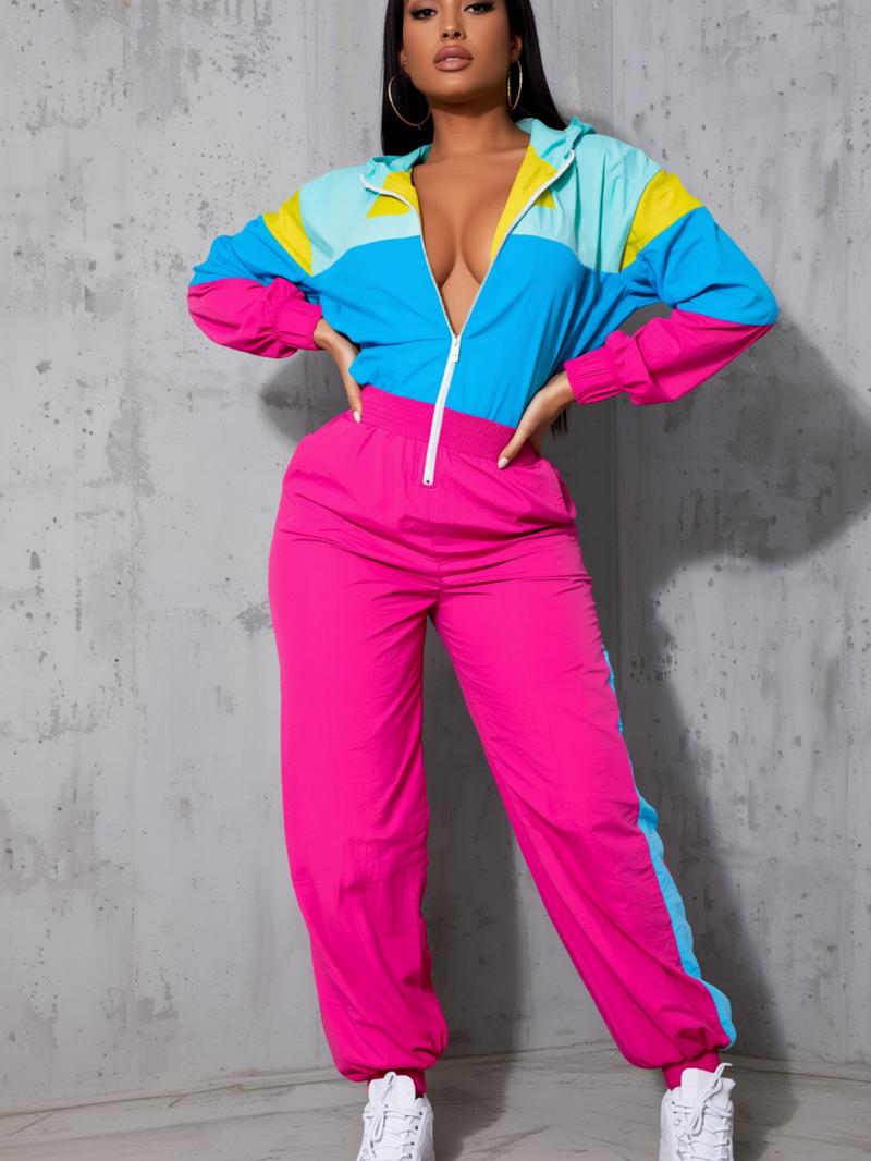 Women's Colorblock Hooded Jumpsuit with Zipper Pockets, Elastic Waist Casual Fitted Overall, Lightweight Windbreaker Jumpsuit