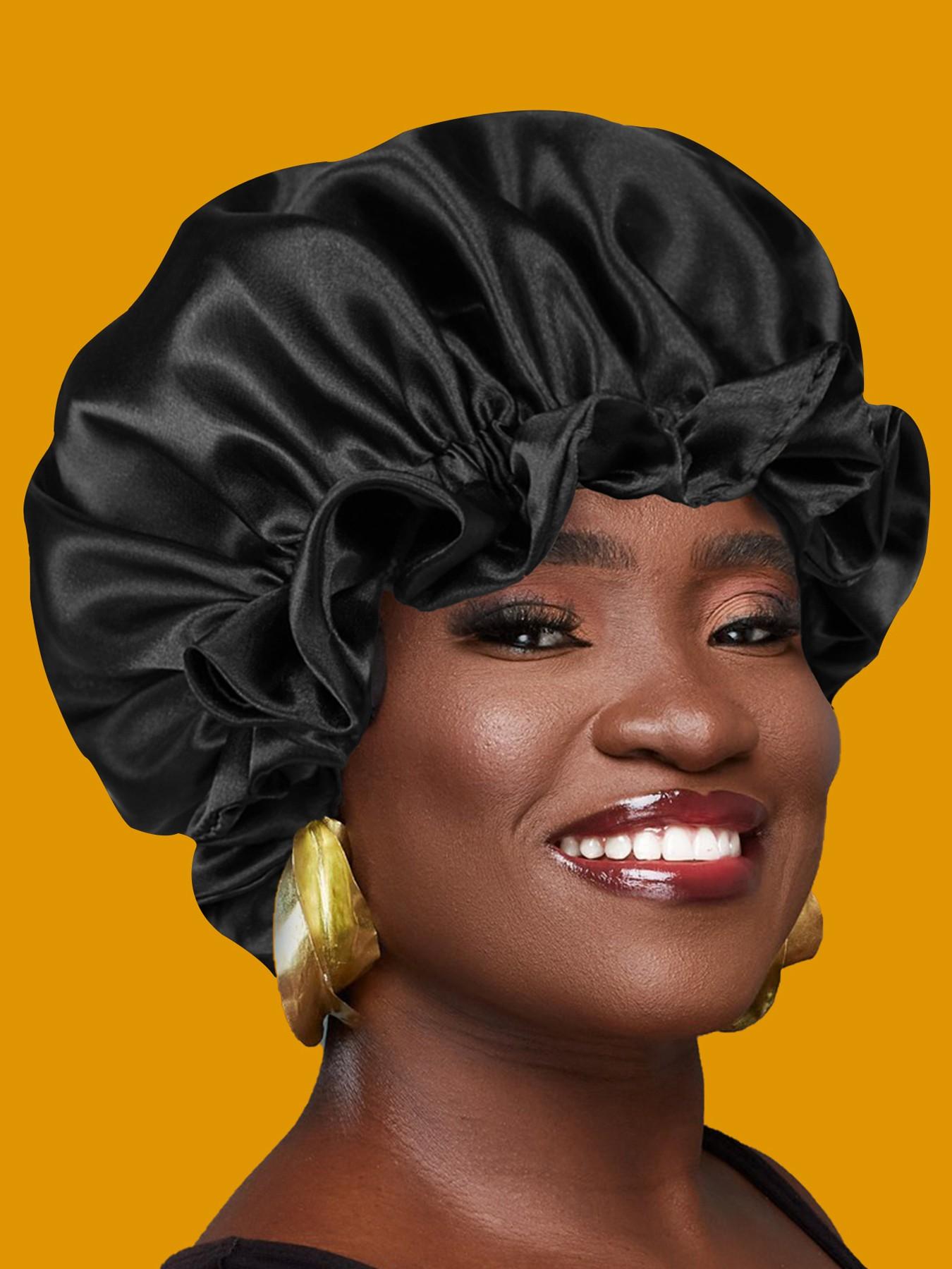 Women's Bonnet Two-Layer Pure Color Wave Edge Elastic Silk Smooth Satin Fashion Sleep Cap, Comfortable Soft Breathable Hair Care Hat, Sleeping Bonnet