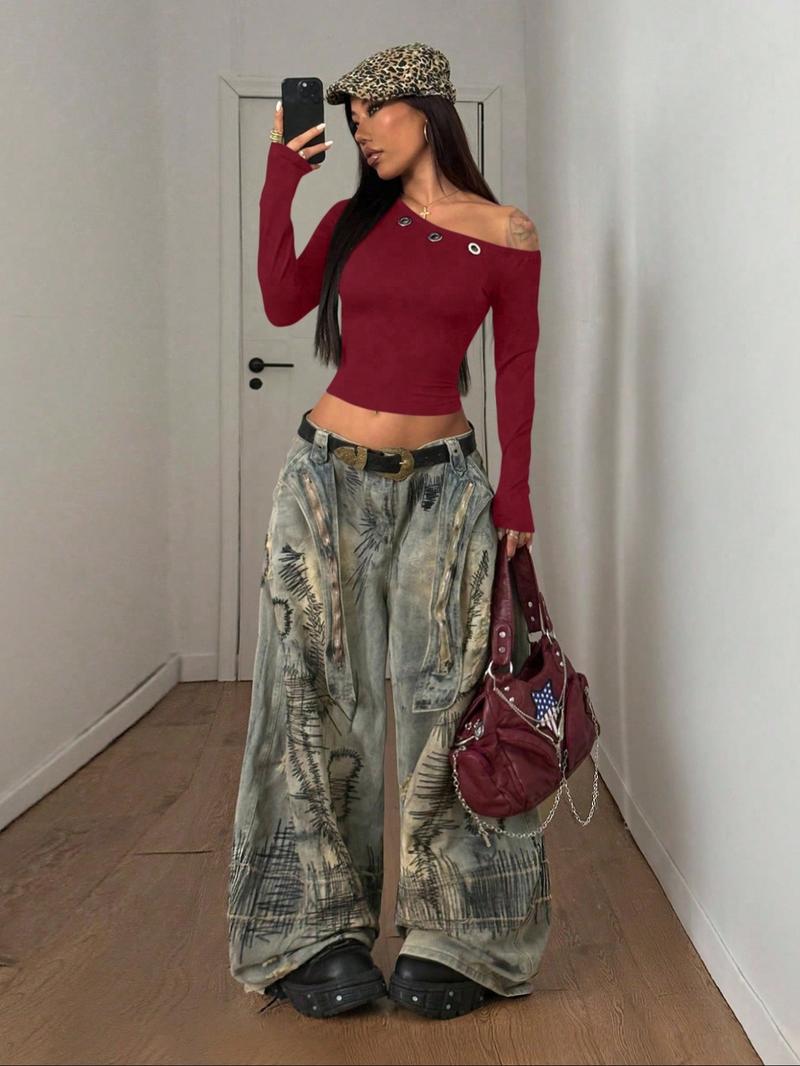 Women's Fashion Asymmetrical Neck off Shoulder Pullover T-Shirt, Trendy Eyelet Design, Comfortable Spring & Fall Top, Single Wear or Layered Look