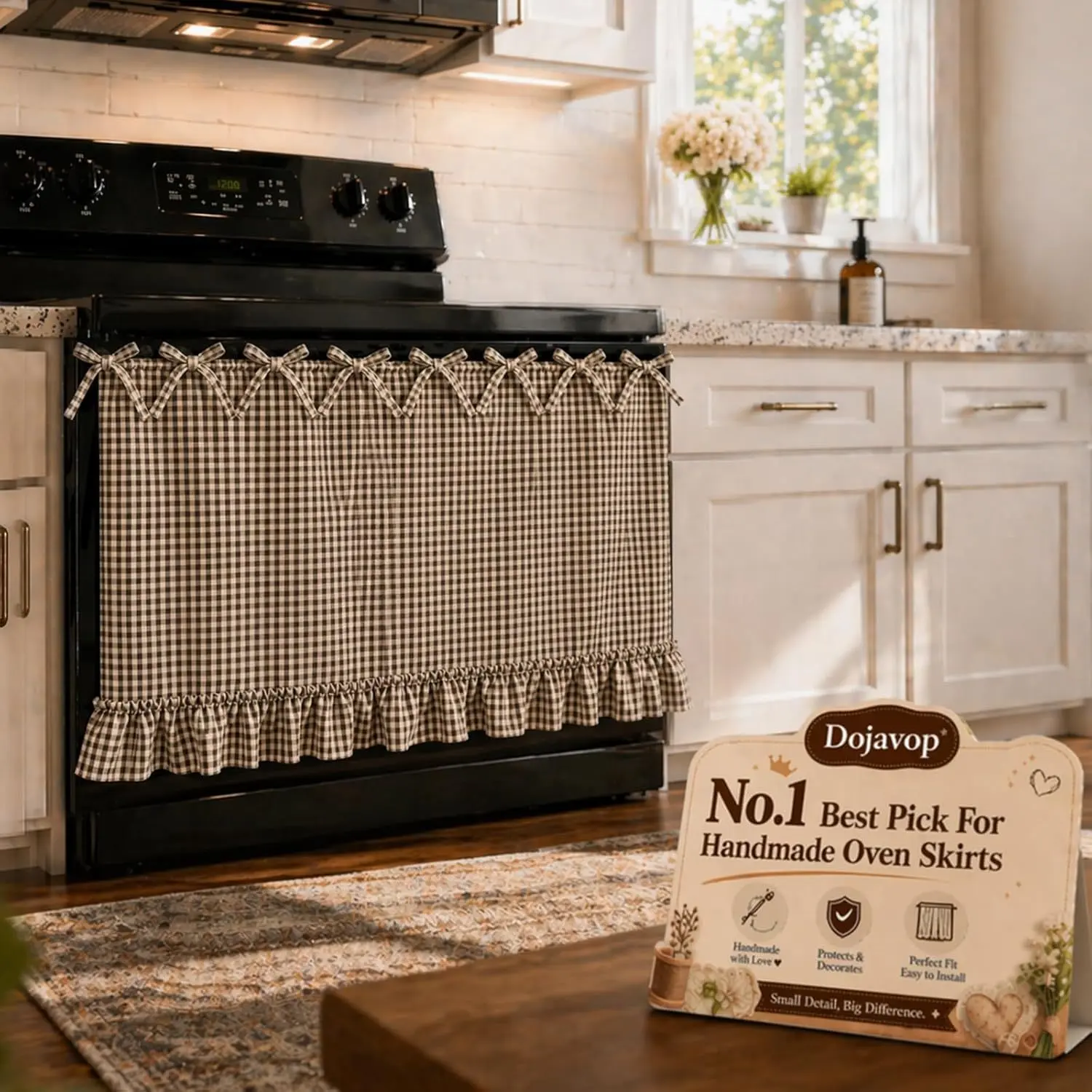 Farmhouse Gingham Oven Skirt with Bows Buffalo Check Plaid Kitchen Stove Door Curtain Rustic Cottagecore Ruffle Decor Handmade Oven Appliance Cover Cute Country Home Kitchen Accessories Gift