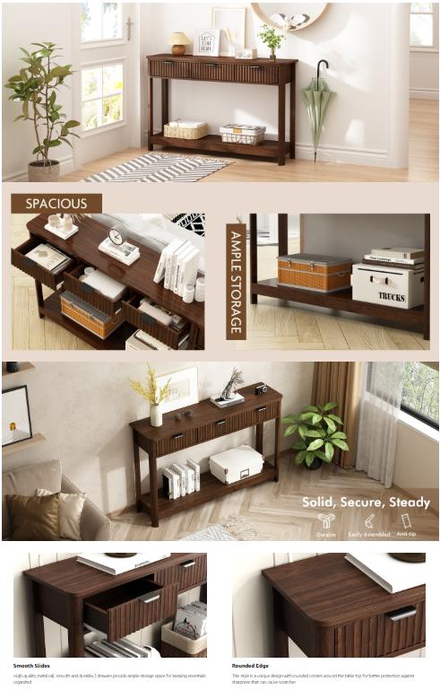 PieDle Furniture Fluted Console Table with Drawers, Modern 47.1" Entryway Table with Storage Shelf, Boho Narrow Skinny Behind Couch Wood Sofa Table for Living Room Hallway Entrance Foyer