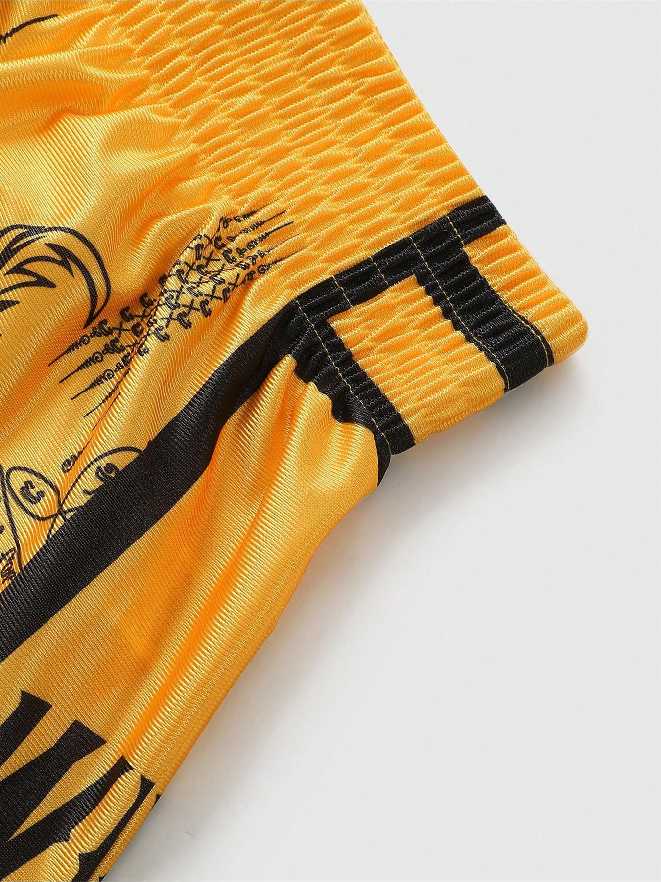 Men's Short Pants Set, Elastic Waist, High Stretch, High-Waisted, Super Short, Glossy Fabric, Dragon Tiger Print, Muay Thai Shorts